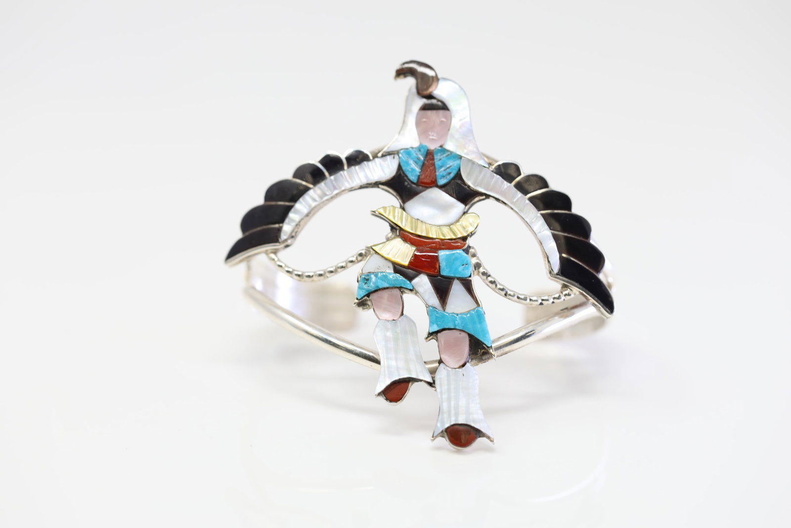 Native America Navajo Sterling Silver Multi-Color Stone Inlay Dancer Design Bracelet By Jonathan: This is a Native America Navajo Sterling Silver Multi-Color Stone Inlay Dancer Design Bracelet By Jonathan Beyuka.