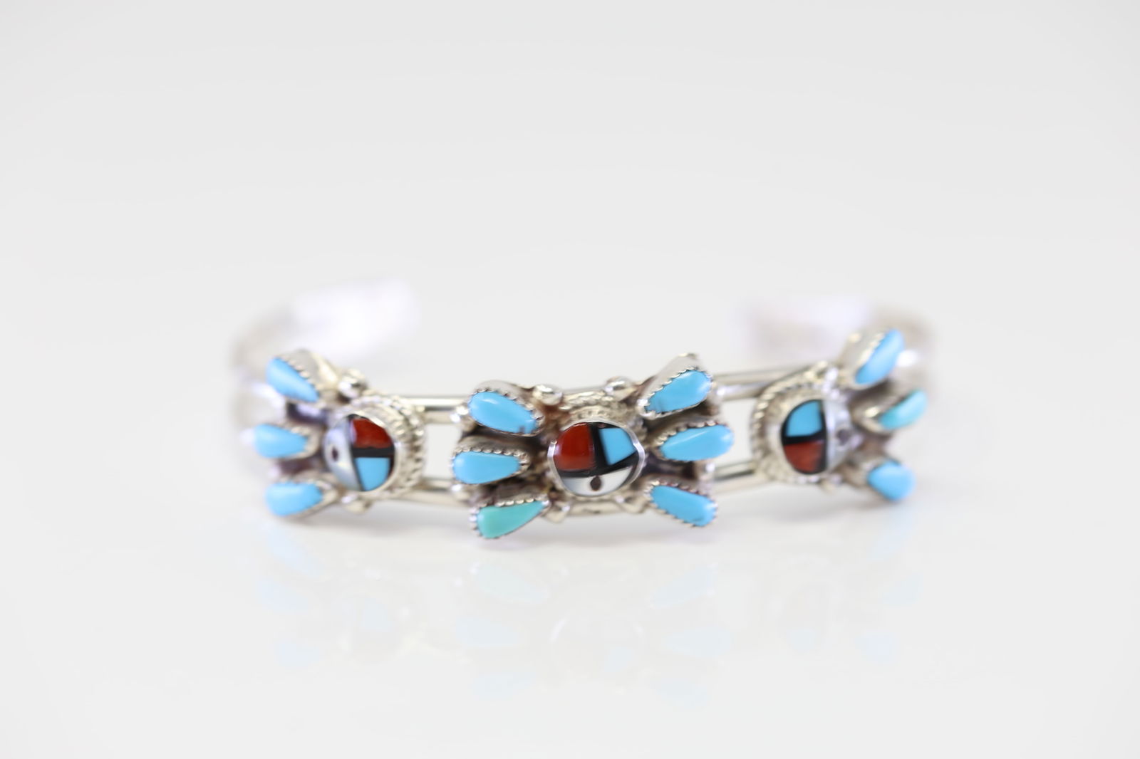 Native America Zuni Sterling Silver Multi-Color Sunface Bracelet Cuff By E.H. (1 of 4)
