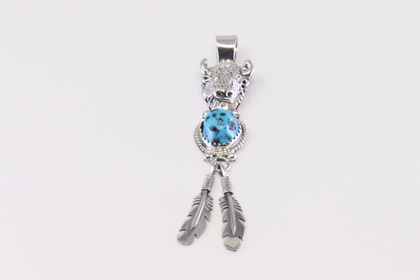 Native America Navajo Sterling Silver Turquoise Buffalo Head Pendant By Genevieve Francisco. (1 of 3)