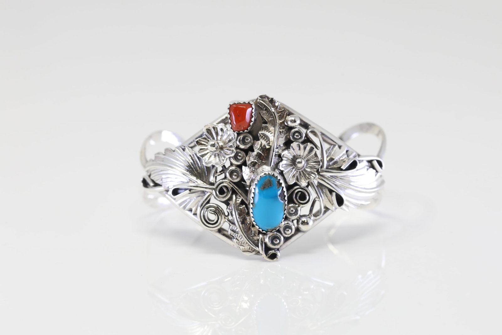 Native America Navajo Sterling Silver Coral & Turquoise Bracelet Cuff By Harry B.Yazzie.: This is a Native America Navajo Sterling Silver Coral & Turquoise Bracelet Cuff By Harry B.Yazzie.
