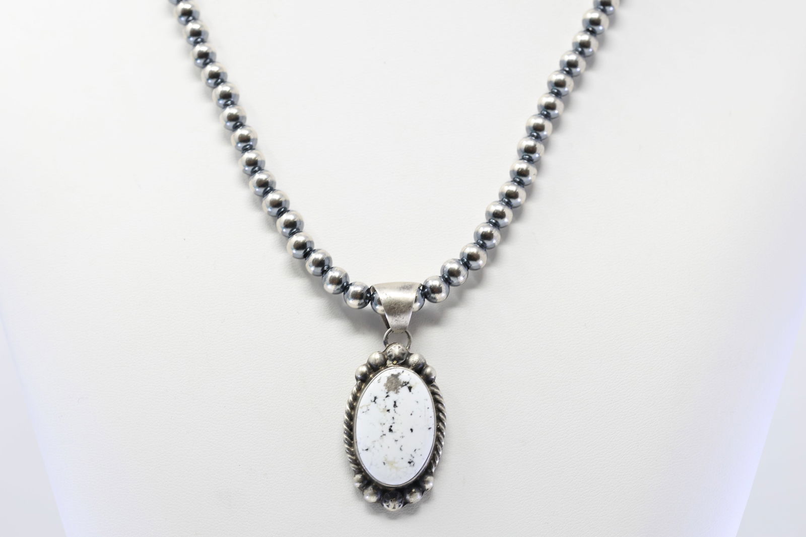 Native American Navajo Sterling Silver White Stone Pendant By A.L. With Pearl Beaded Sterling Silver (1 of 4)