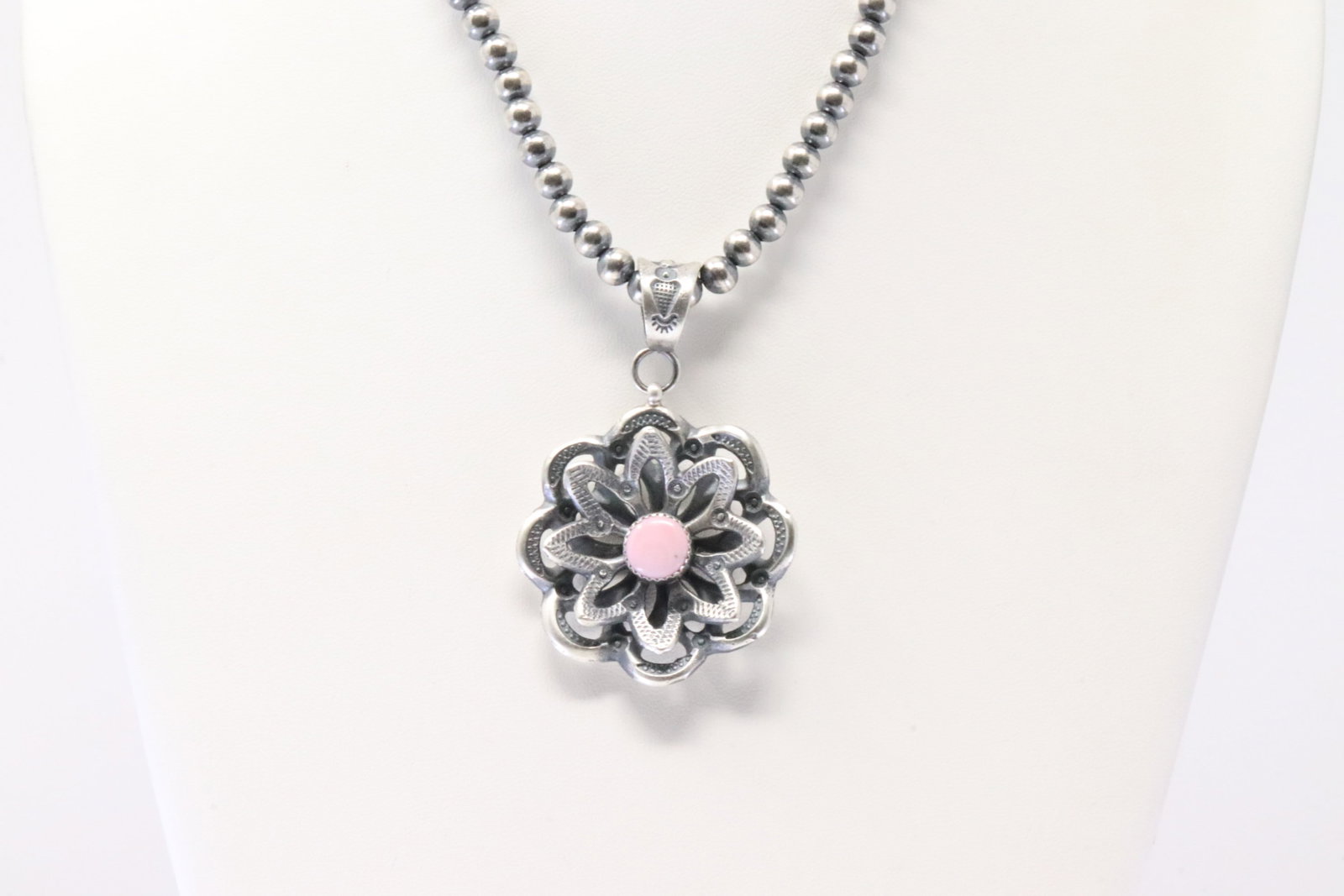 Native America Navajo Sterling Silver Pink Concho Pendant By Kevin Billah. With Pearl Beaded: This is a Native America Navajo Sterling Silver Pink Concho Pendant By Kevin Billah. With Pearl Beaded Sterling Silver Machine Made Necklace. Necklace length: 16.00"