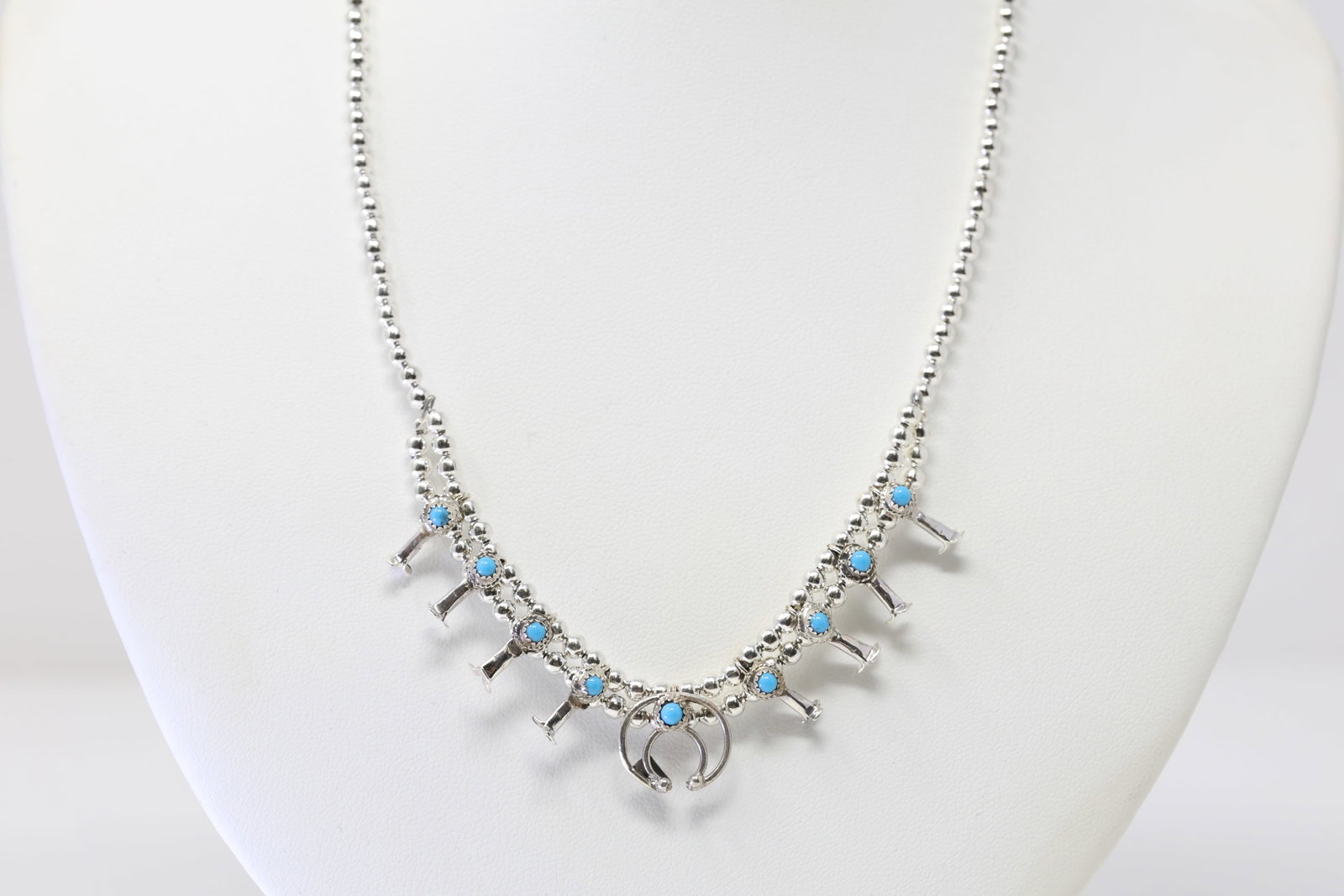 Native America Navajo Sterling Silver Turquoise Baby Squash Blossom Necklace By A.R.: This is a Native America Navajo Sterling Silver Turquoise Baby Squash Blossom Necklace By A.R. Necklace length: 14.00"