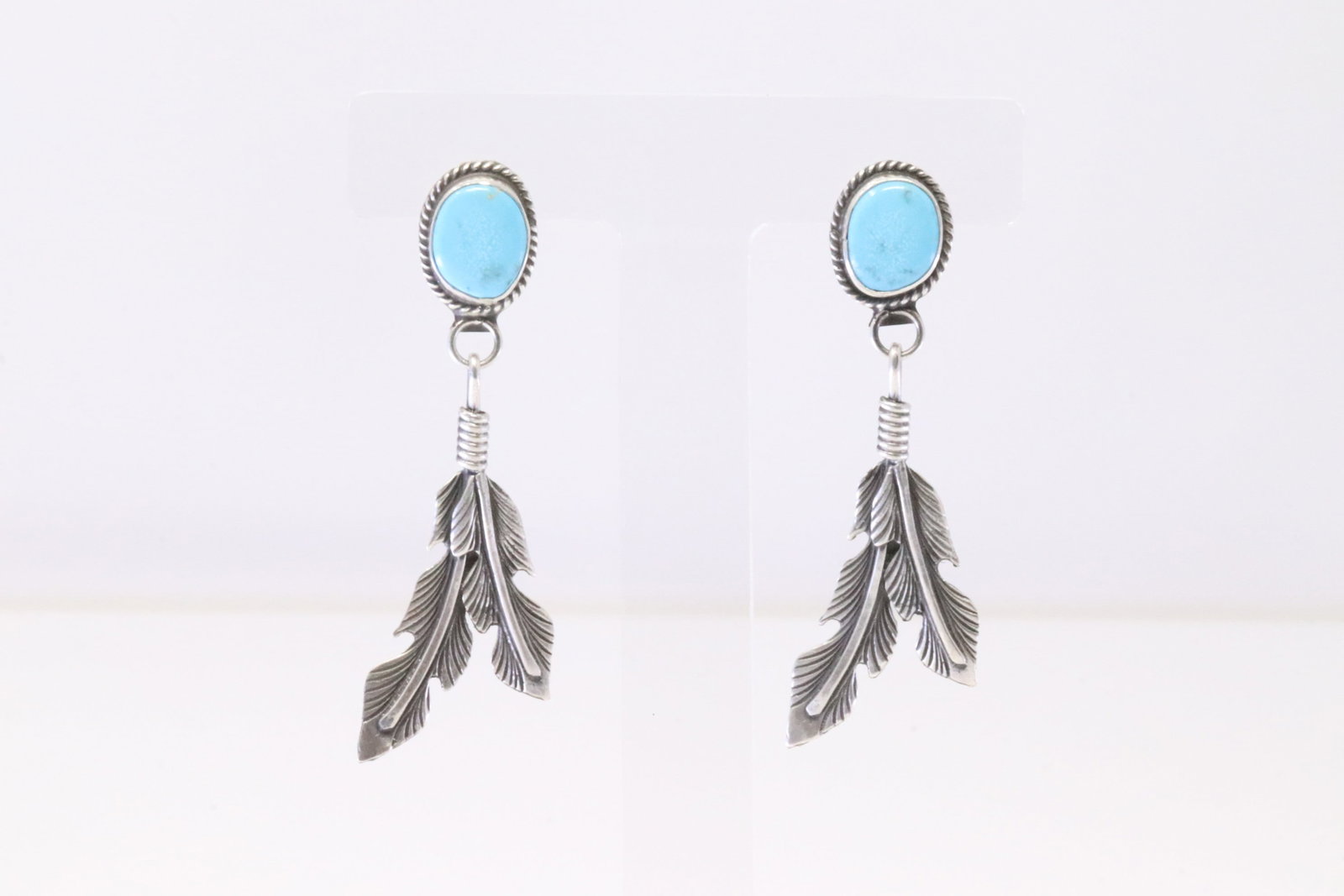 Native American Navajo Sterling Silver Turquoise Bracelet Cuff By Max Calladitto.: This is a Native America Navajo Sterling Silver Turquoise / Feather Post Earring's By Sharon McCarthy.