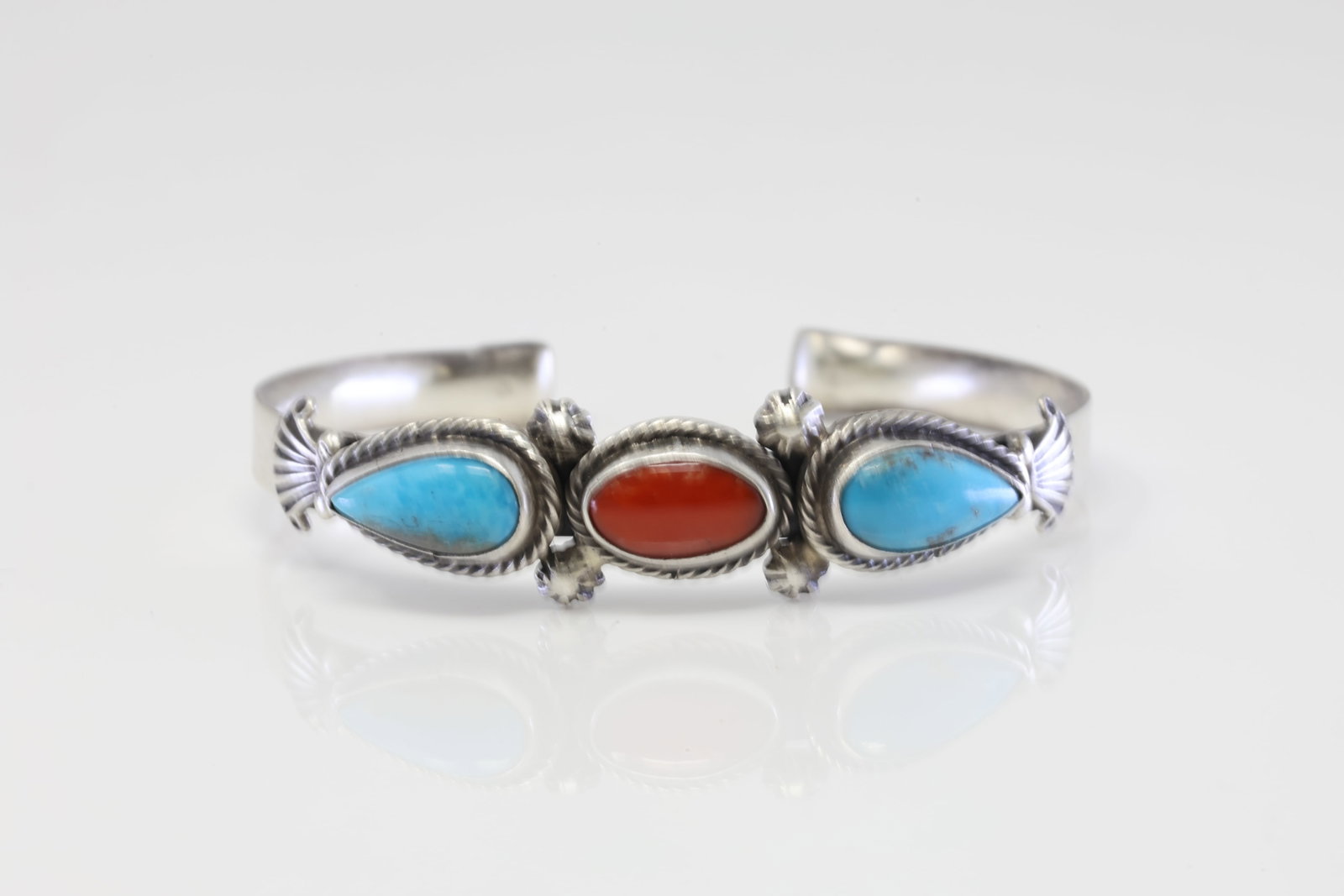 Native America Navajo Sterling Silver Coral & Turquoise Bracelet By Bobby Platero.: This is a Native America Navajo Sterling Silver Coral & Turquoise Bracelet By Bobby Platero.