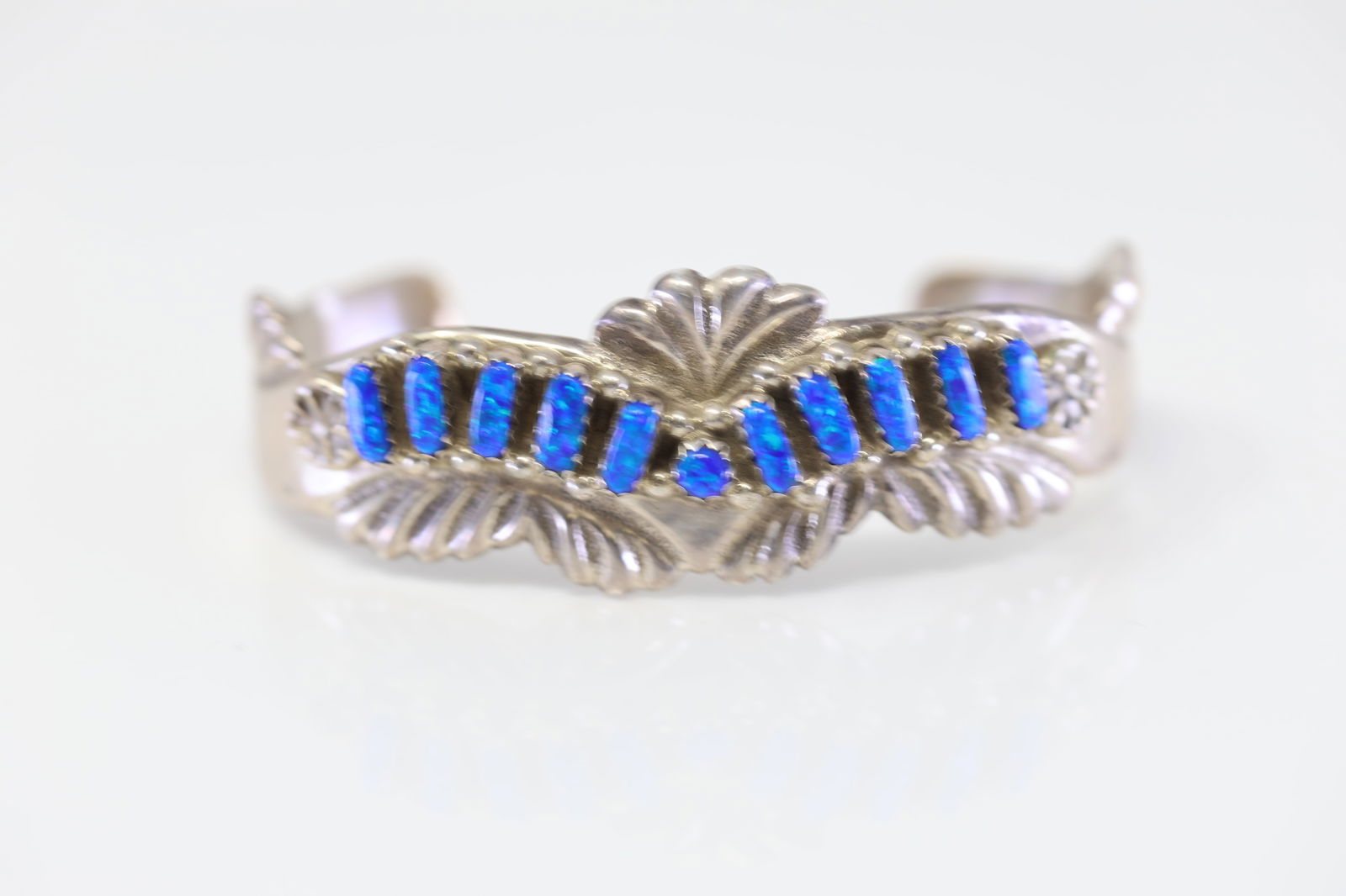Native American Navajo Sterling Silver Blue Opal Bracelet Cuff By M.F.H. (1 of 4)