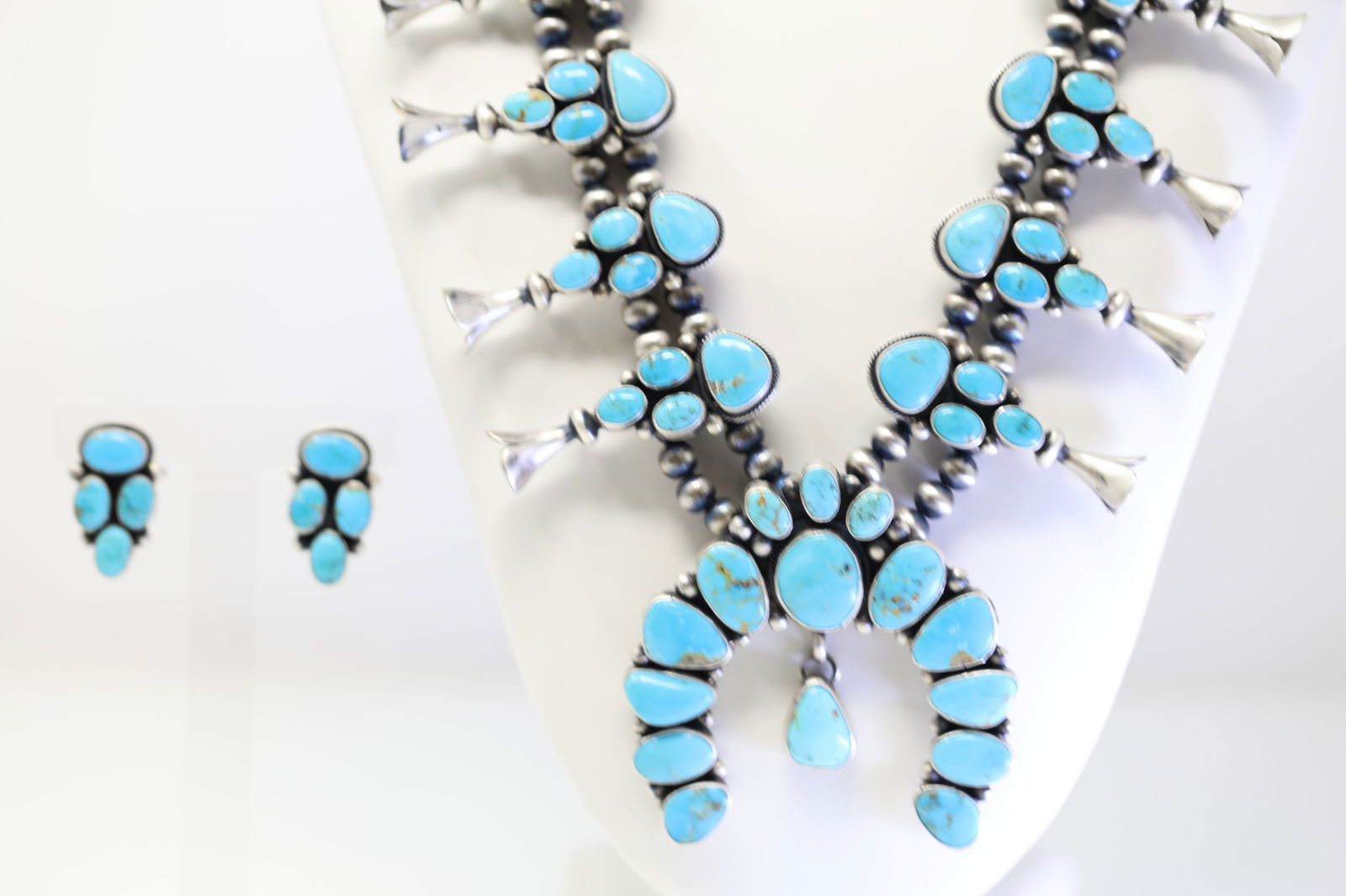 Native America Navajo Sterling Silver Turquoise Squash Blossom Necklace & Earring's Set By Betty (1 of 8)