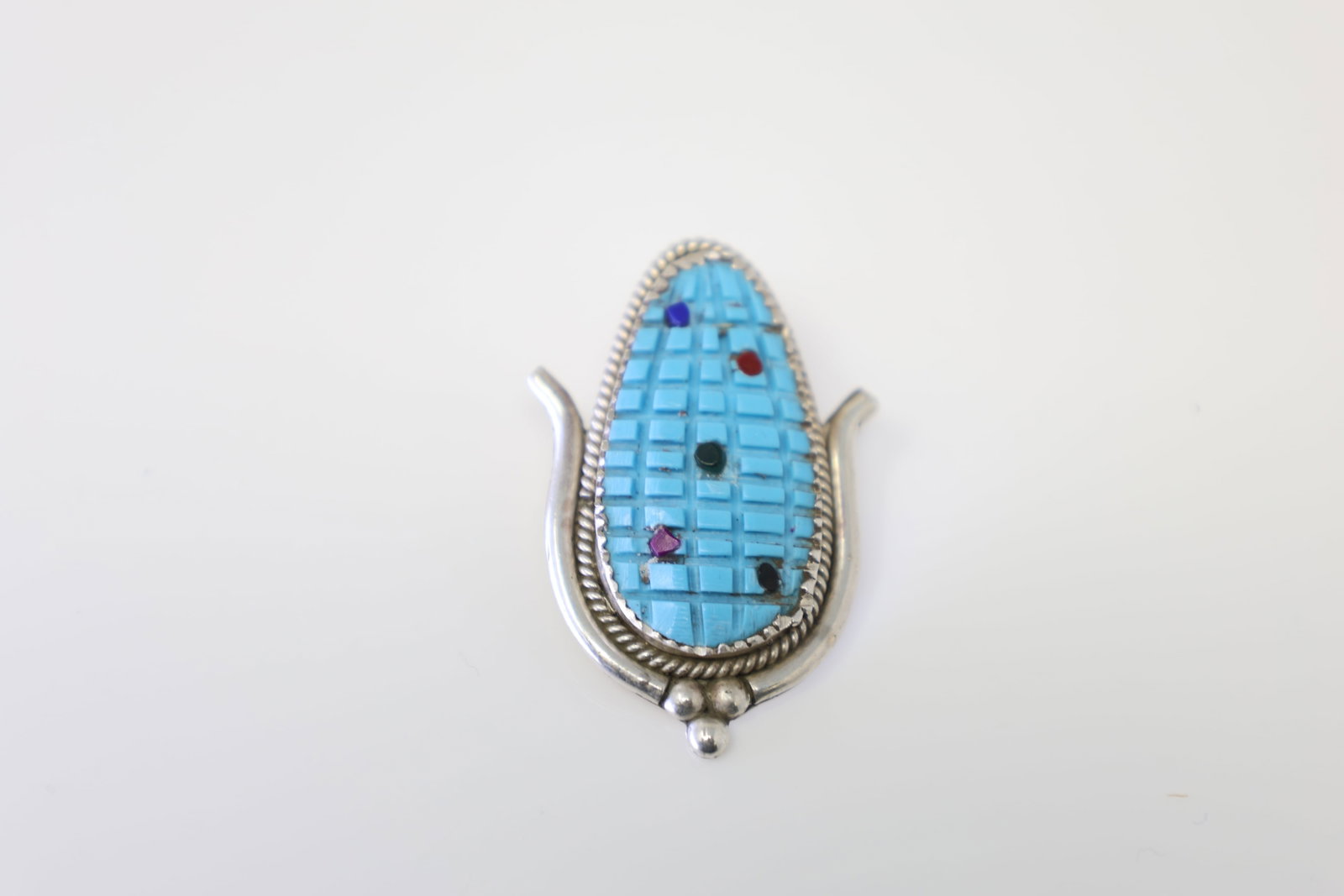Native America Zuni Sterling Silver Turquoise & Multi-Color Stone Corn Pendant By Tracy Bowekaty.: This is a Native America Zuni Sterling Silver Turquoise & Multi-Color Stone Corn Pendant By Tracy Bowekaty.