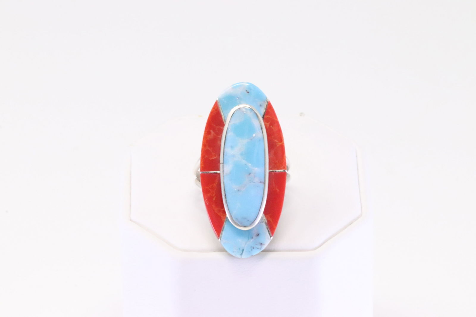 Native America Navajo Sterling Silver Coral & Turquoise Inlay Ring y Juluis Manuelito. (1 of 4)