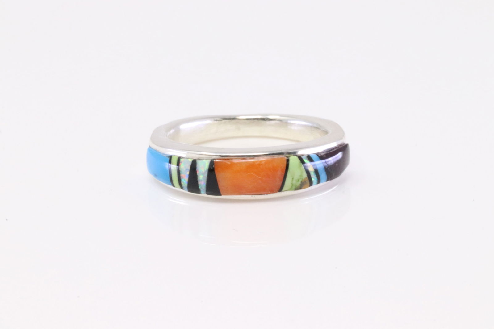 Native America Navajo Sterling Silver Multi-Color Inlay Ring By A.T.: This is a Native America Navajo Sterling Silver Multi-Color Inlay Ring By A.T. Ring size: 6.00.