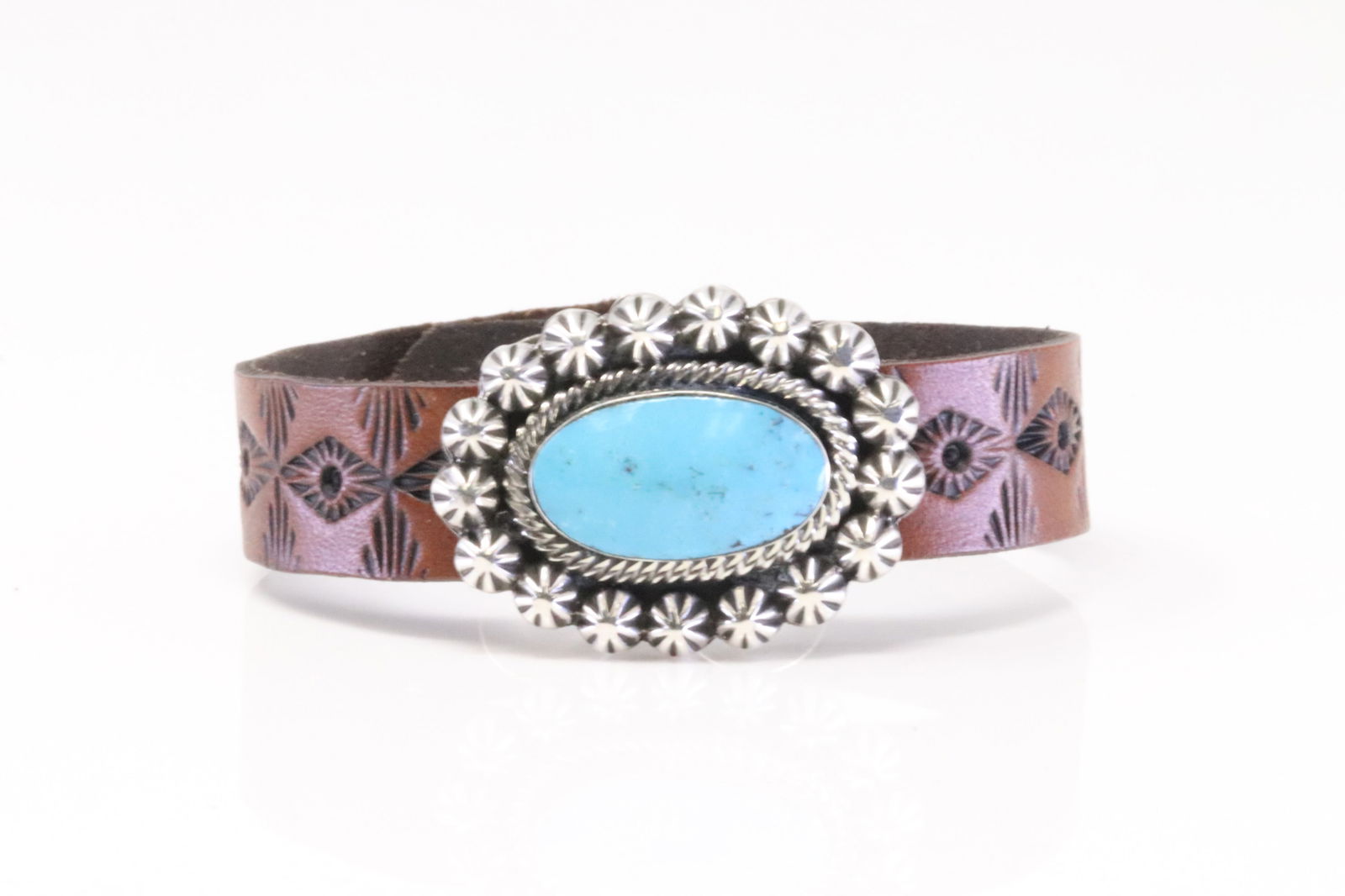 Native America Navajo Sterling Silver Turquoise Leather Bracelet Cuff By Suzanna Johnson. (1 of 4)