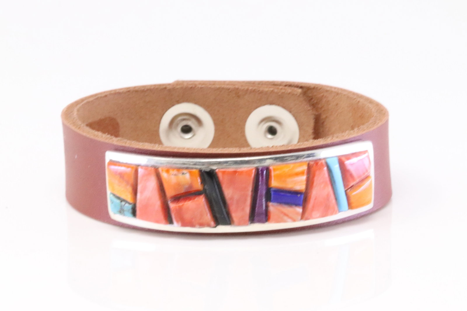 Native America Navajo Sterling Silver Multi-Color Stone Leather Bracelet By Edison Yazzie.: This is a Native America Navajo Sterling Silver Multi-Color Stone Leather Bracelet By Edison Yazzie.