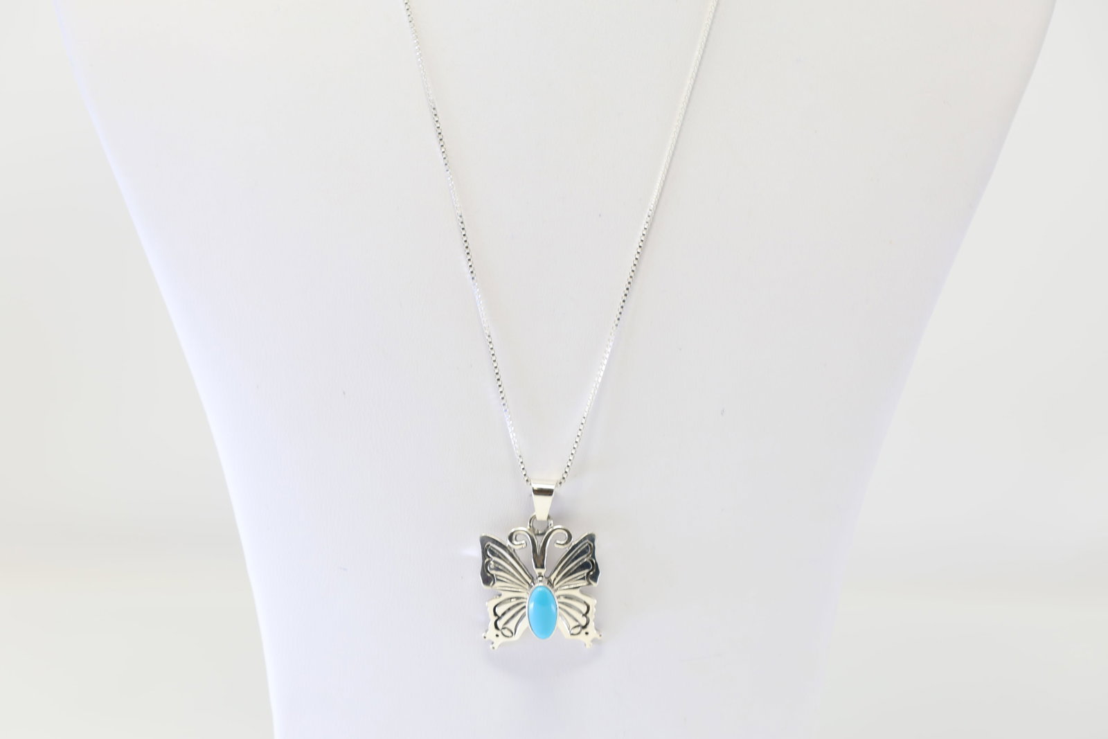 Native America Navajo Sterling Silver Turquoise Butterfly Pendant with A 925 Necklace By J.D.: This is a Native America Navajo Sterling Silver Turquoise Butterfly Pendant with A 925 Necklace By J.D. Necklace length: 20.00"