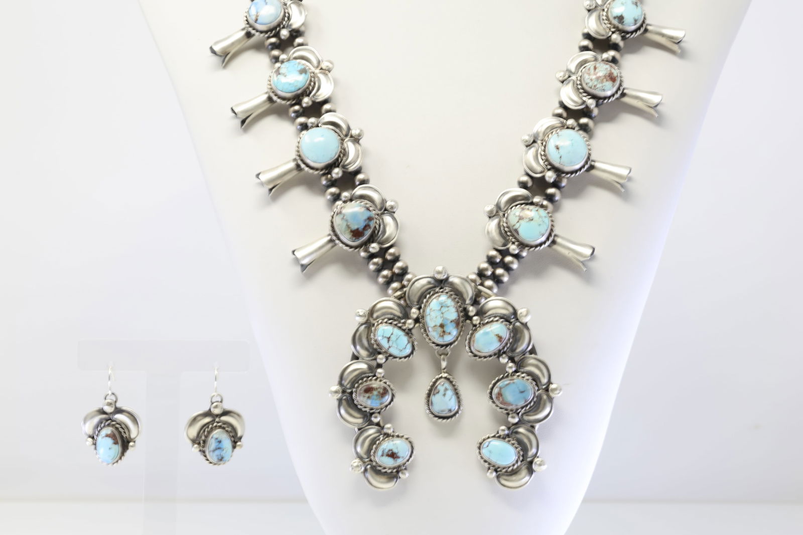 Native American Navajo Sterling Silver Golden Hills Turquoise Squash Blossom Necklace & Earring's (1 of 8)