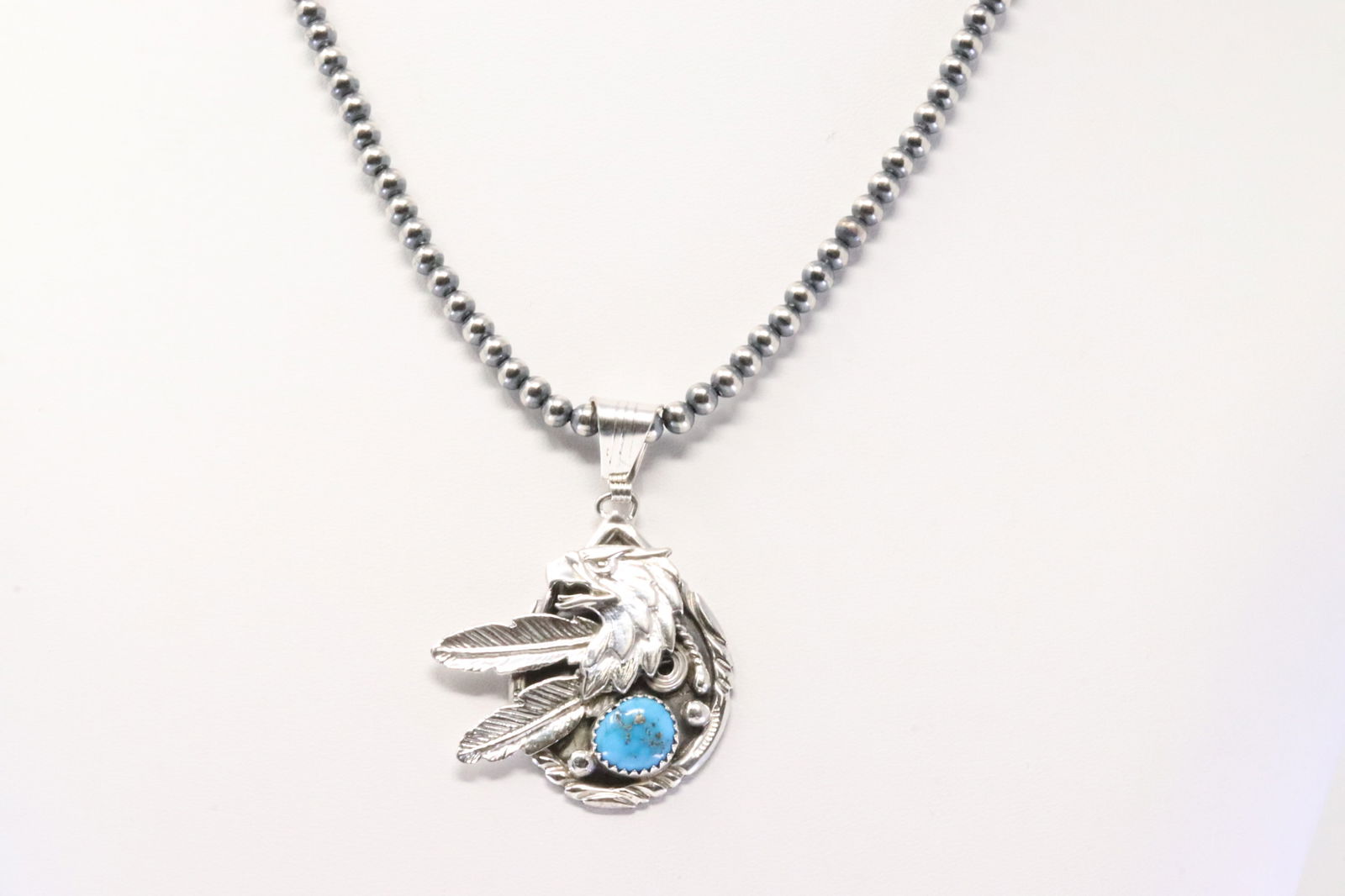 Native America Navajo Sterling Silver Turquoise Eagle Pendant By Genevieve Francisco. With Pearl (1 of 4)