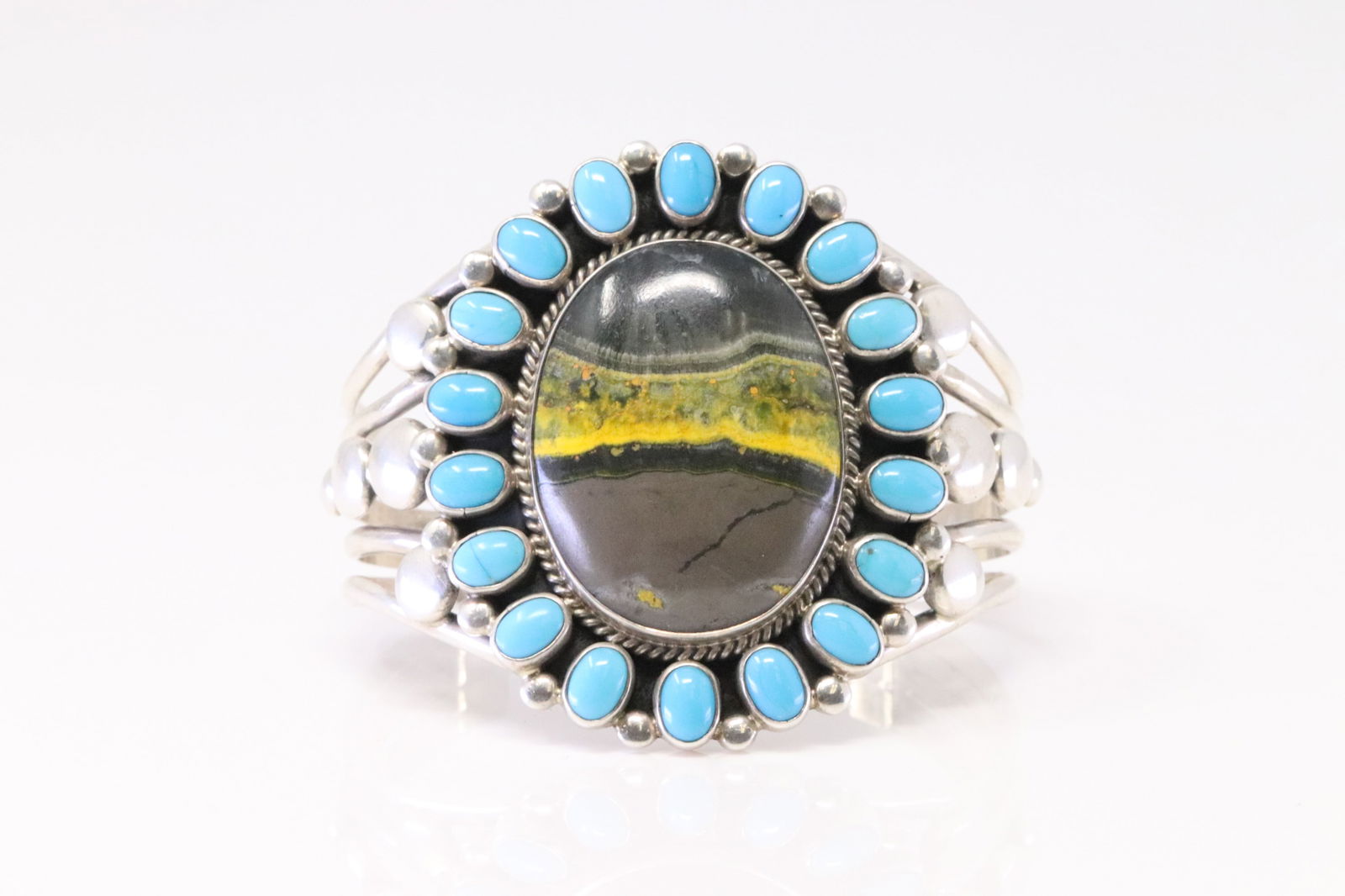 Native America Navajo Sterling Silver BumBle Bee & Turquoise Bracelet Cuff By Verdy Jake. (1 of 4)