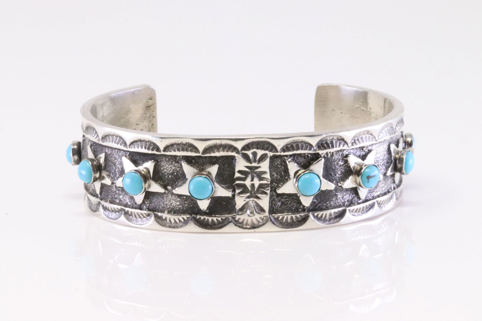 Native America Navajo Sterling Silver Turquoise Star Bracelet Cuff By K. (1 of 4)