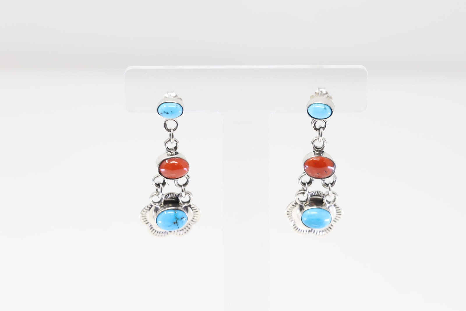Native America Navajo Sterling Silver Coral & Turquoise Post / Dangling Earring's By Sheena Jack.: This is a Native America Navajo Sterling Silver Coral & Turquoise Post / Dangling Earring's By Sheena Jack.