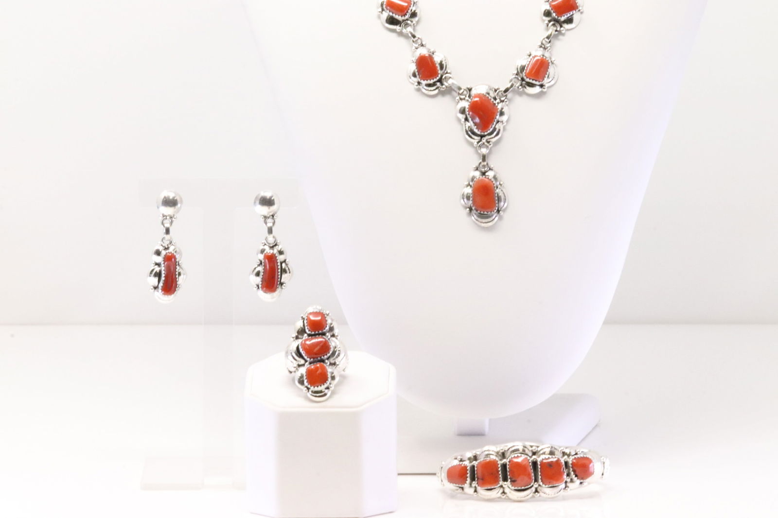 Native America Navajo Sterling Silver 4 Piece Coral Necklace / Bracelet / Earring's & Ring Set By (1 of 10)