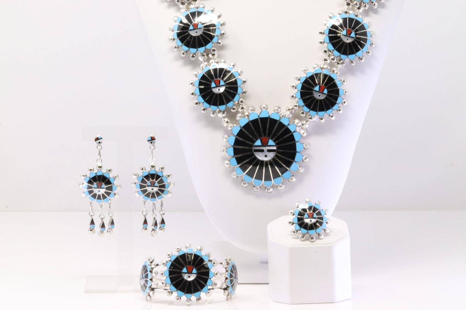 Native America Zuni Sterling Silver Multi-Color Stone Inlay Necklace / Earring's / Bracelet & Ring (1 of 10)