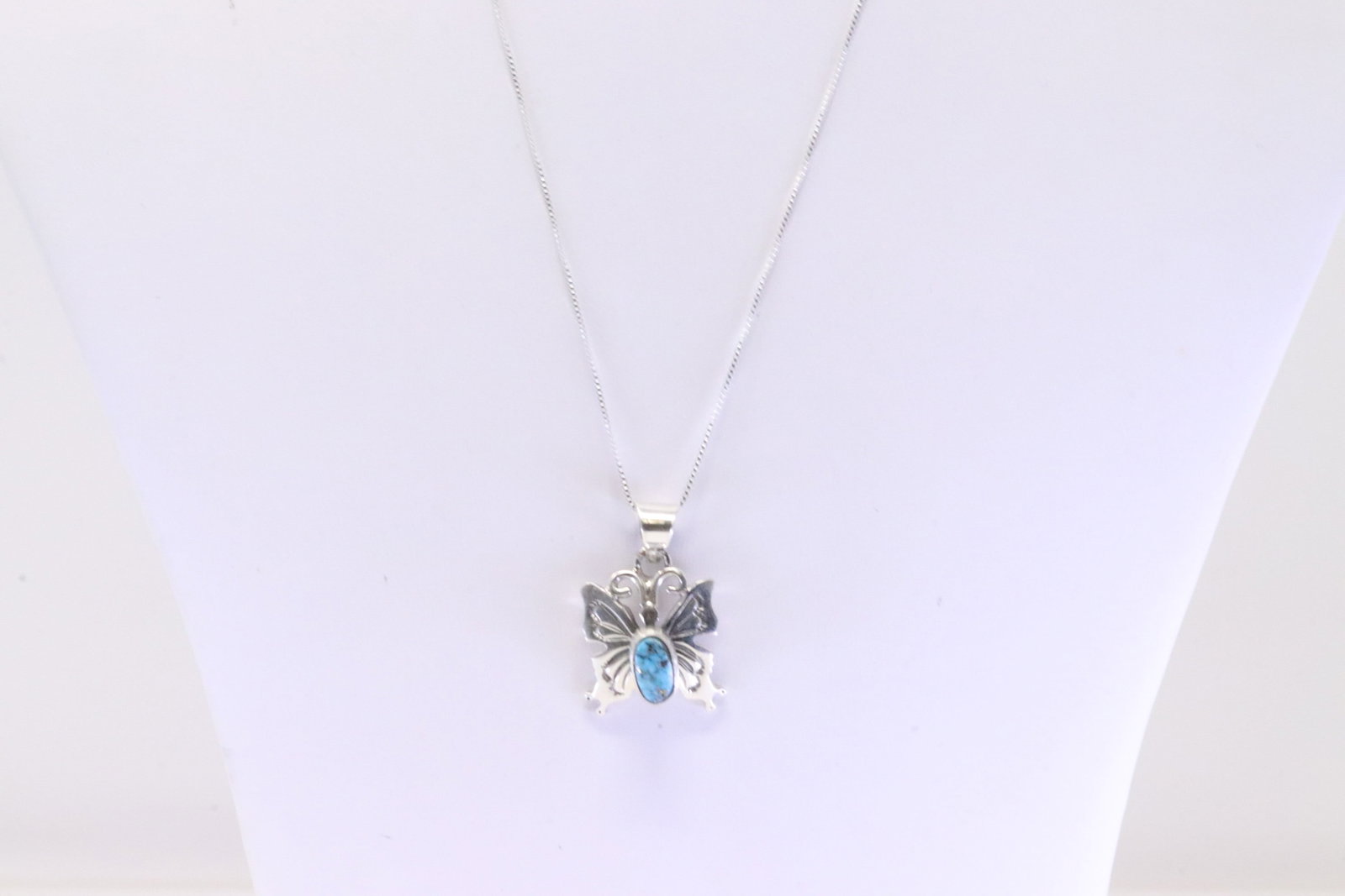 Native America Navajo Sterling Silver Turquoise Butterfly Pendant with A 925 Necklace By J.D.: This is a Native America Navajo Sterling Silver Turquoise Butterfly Pendant with A 925 Necklace By J.D. Necklace length: 18.00"