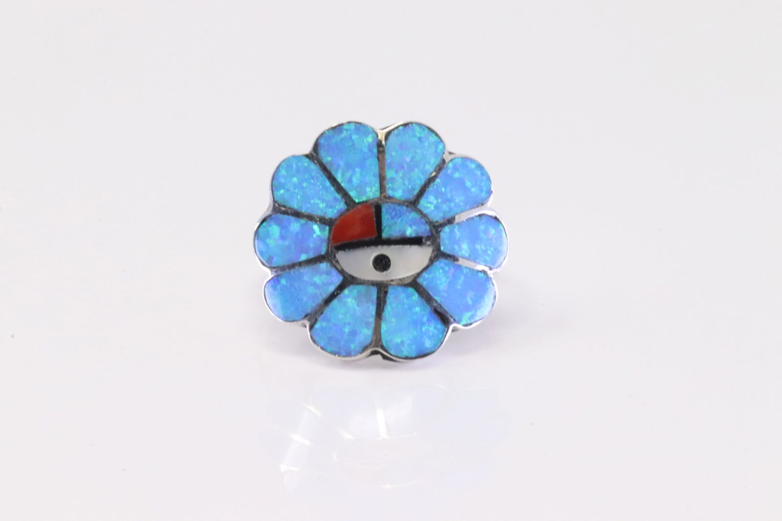 Native America Zuni Sterling Silver Multi-Color Inlay Sunface Ring By Burdian Soseeah. (1 of 4)