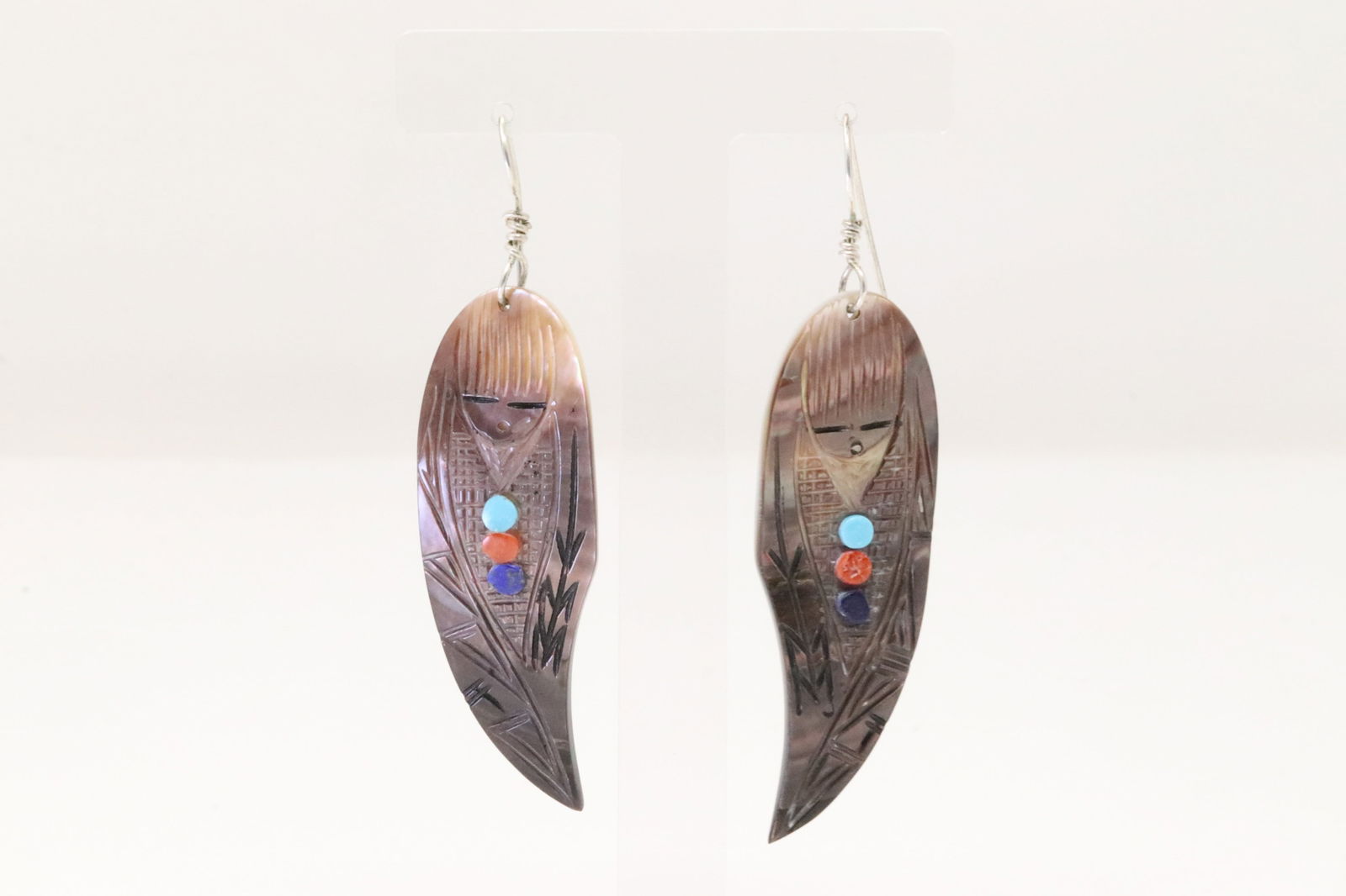 Native America Zuni Sterling Silver Shell & Multi-Color Stone Kachina Dangling Earring's. (1 of 4)