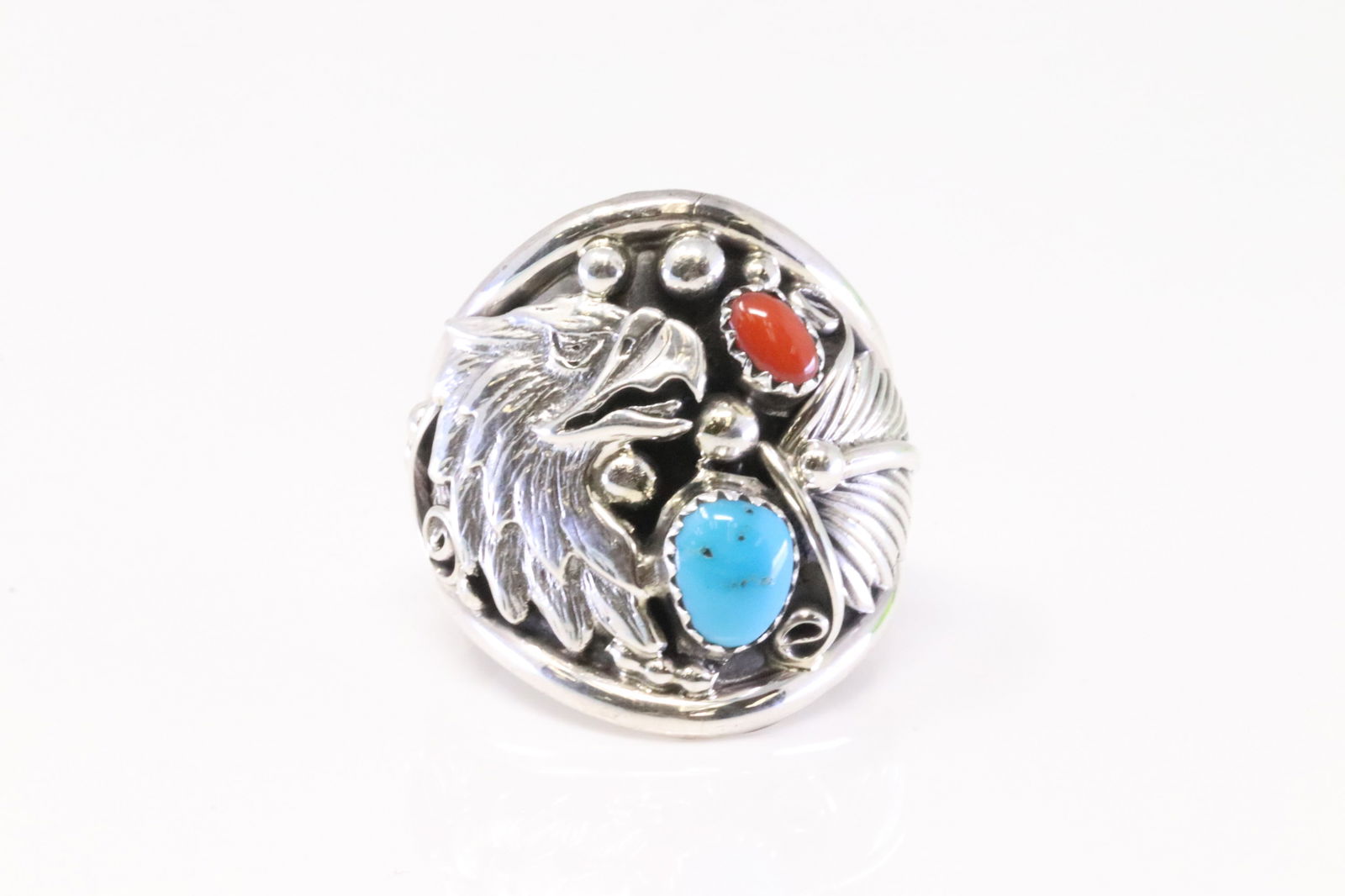 Native America Navajo Sterling Silver Coral & Turquoise Eagle Casted Ring By Jeanette Saunders. (1 of 4)