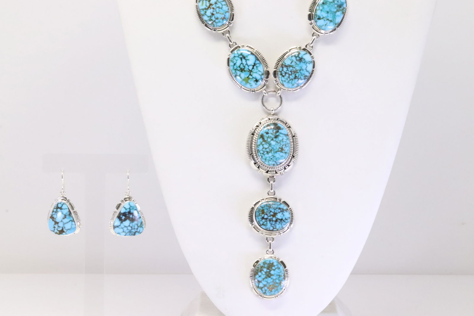 Native America Navajo Sterling Silver Kingman Turquoise Necklace & Earring's Set By L.M.Y. (1 of 6)