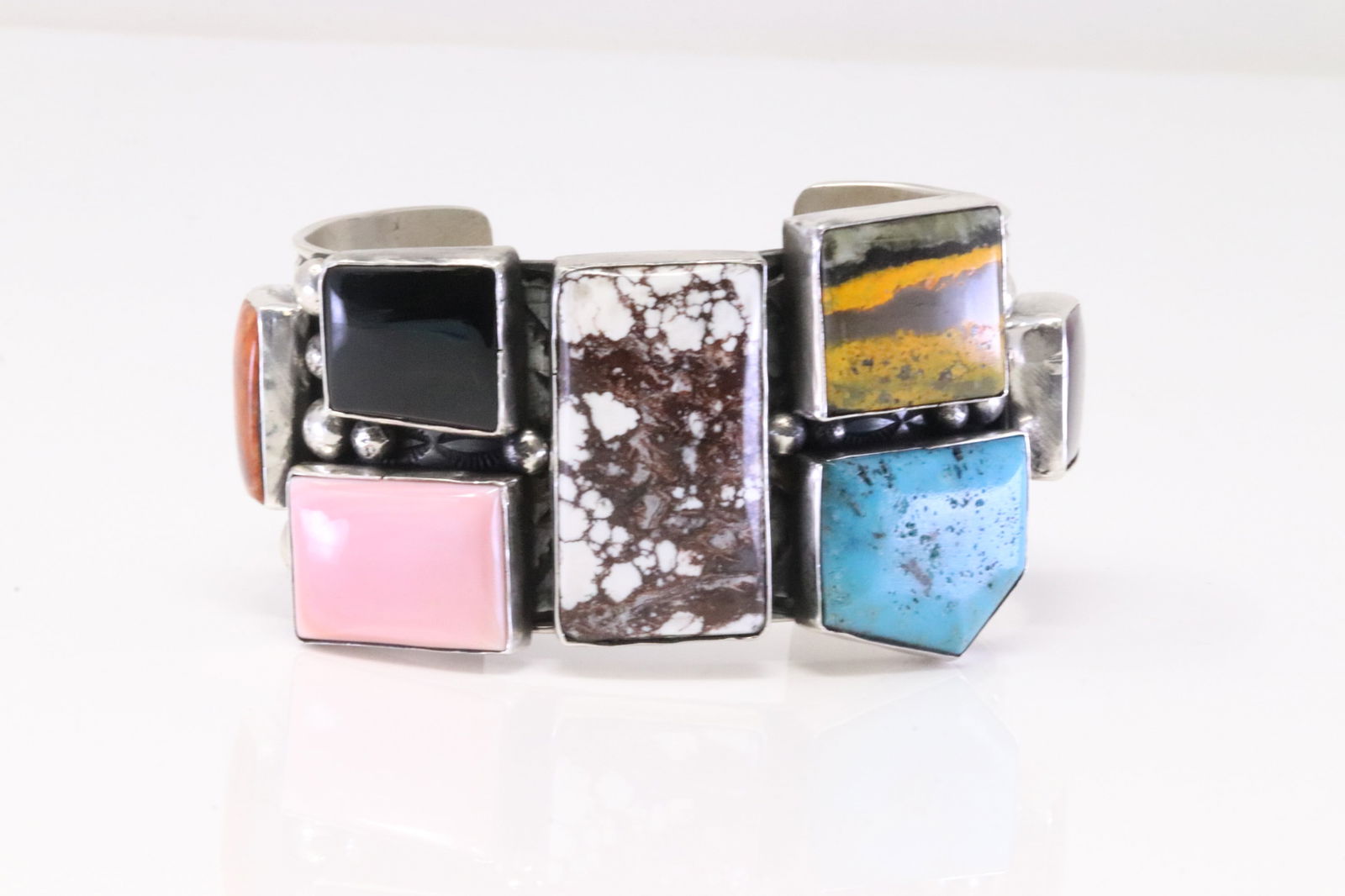 Native America Navajo Sterling Silver Multi-Color  Stone Bracelet Cuff By Chimney Butte. (1 of 4)