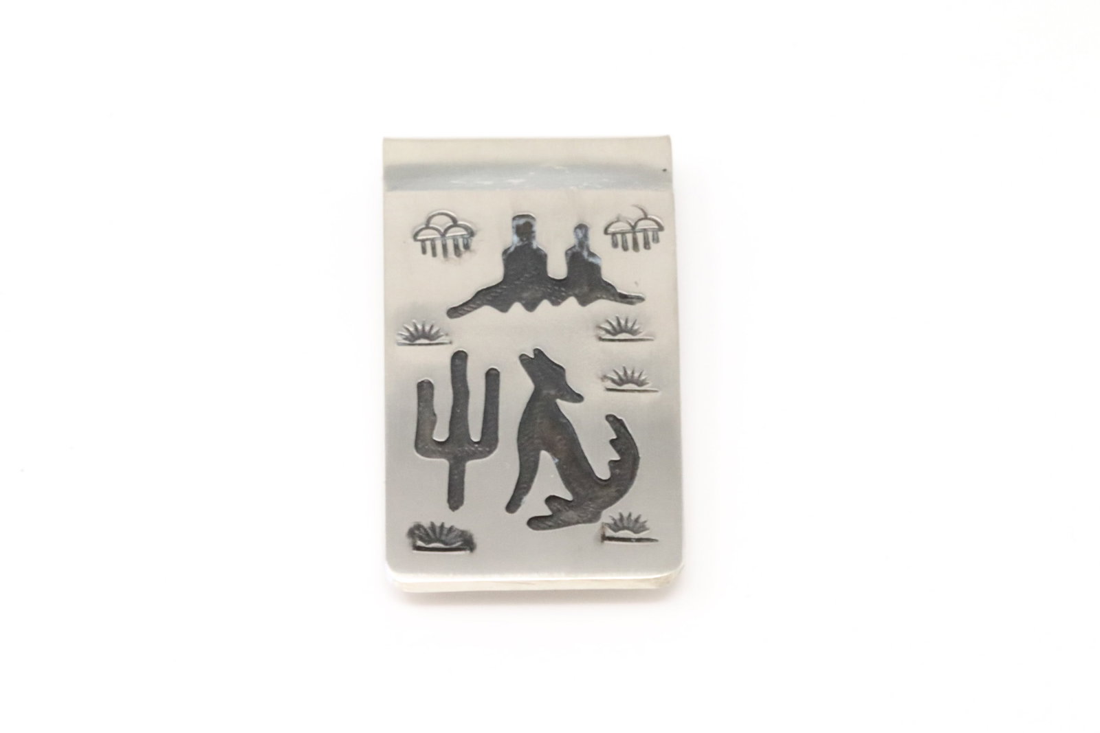 Native America Navajo Sterling Silver Desert / Coyote & Cactus Design Money Clip By B.: This is a Native America Navajo Sterling Silver Desert / Coyote & Cactus Design Money Clip By B.