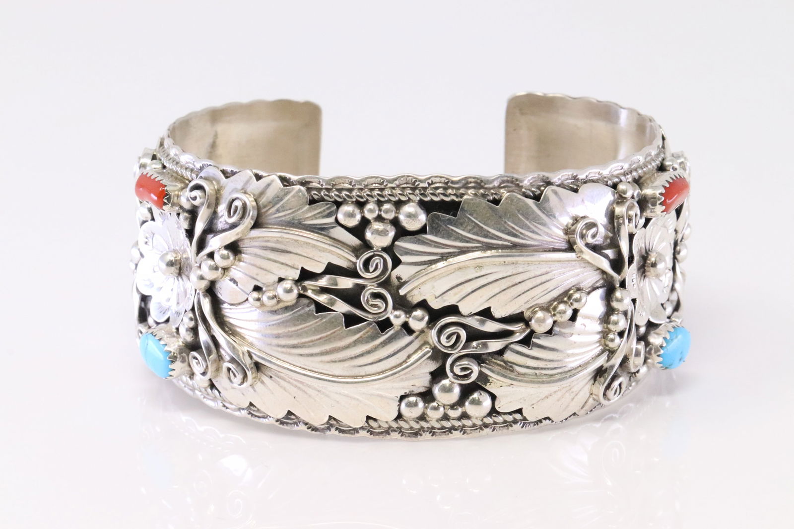 Native American Navajo Sterling Silver Coral & Turquoise Bracelet Cuff By Larry Etcitty. (1 of 4)