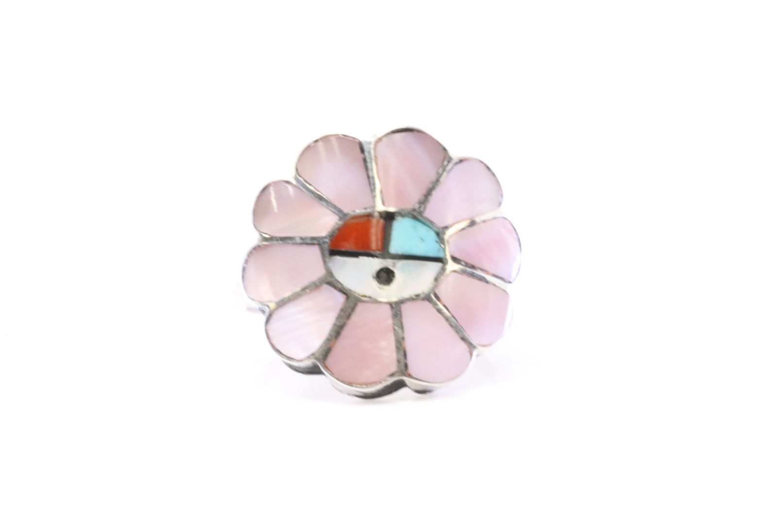 Native America Zuni Sterling Silver Multi-Color Inlay Sunface Ring By Burdian S. (1 of 4)