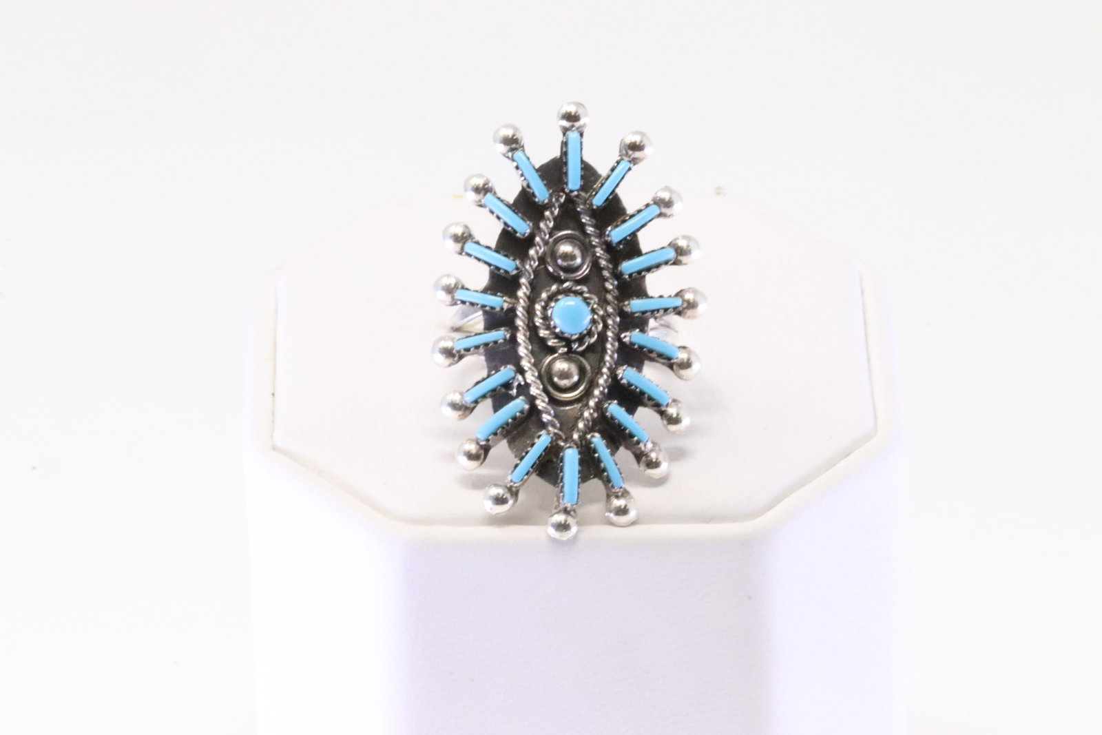 Native America Zuni Sterling Silver Turquoise Ring By L.S.: This is a Native America Zuni Sterling Silver Turquoise Needlepoint Ring By L.S. Ring size: 6.50.