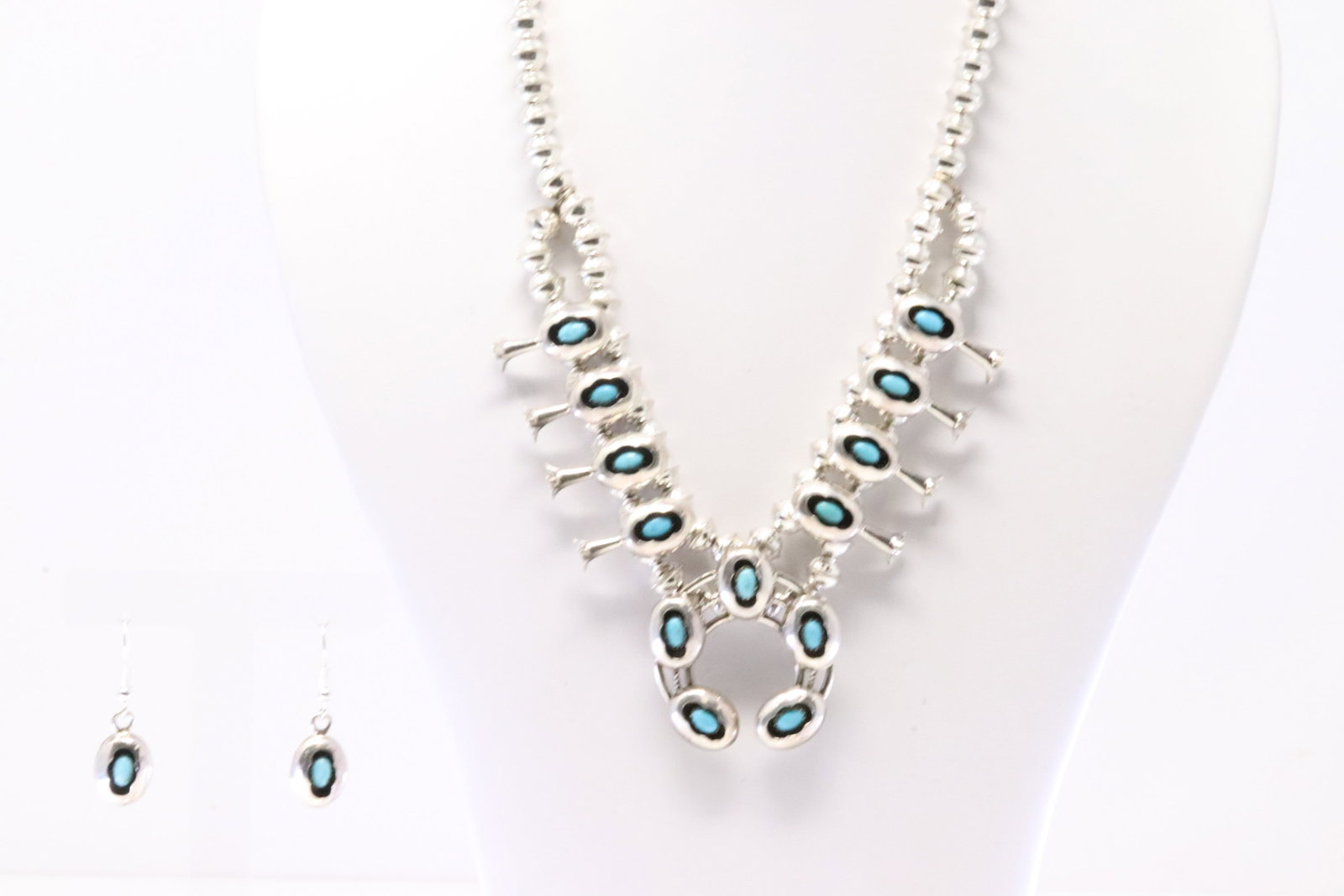 Native America Navajo Sterling Silver Turquoise Baby Squash Blossom Necklace & Earring's Set By P.G.: This is a Native America Navajo Sterling Silver Turquoise Baby Squash Blossom Necklace & Earring's Set By P.G. Necklace length: 18.00"