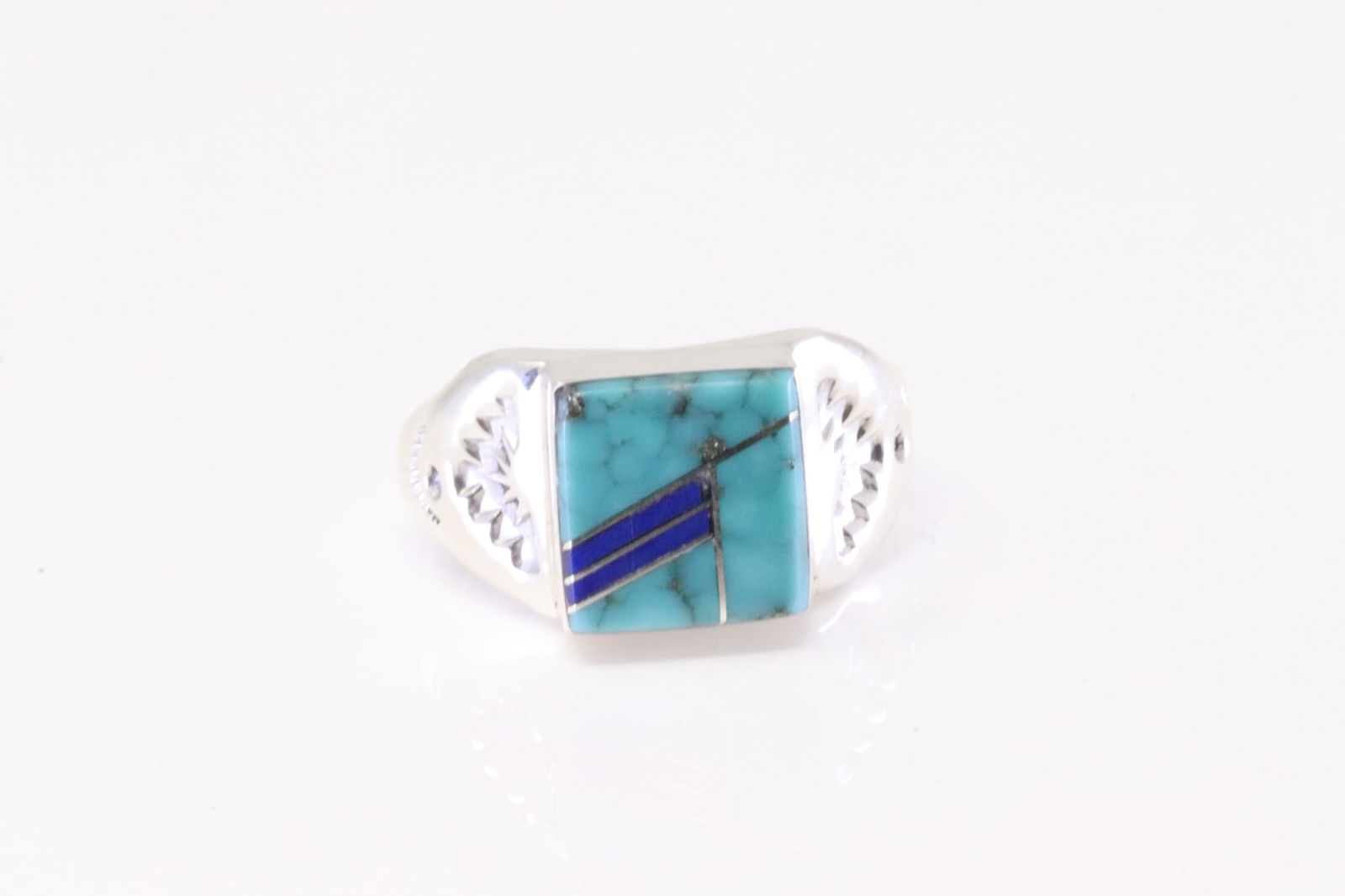 Native American Navajo Sterling Silver Lapis & Turquoise Inlay Ring By P.L.L. (1 of 4)