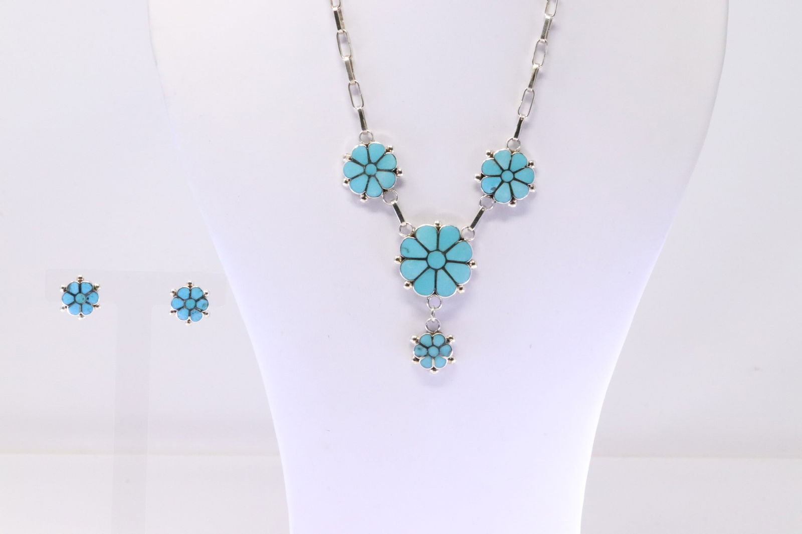 Native America Zuni Sterling Silver Turquoise Inlay Flower Necklace & Earring's Set By Veranda. (1 of 6)