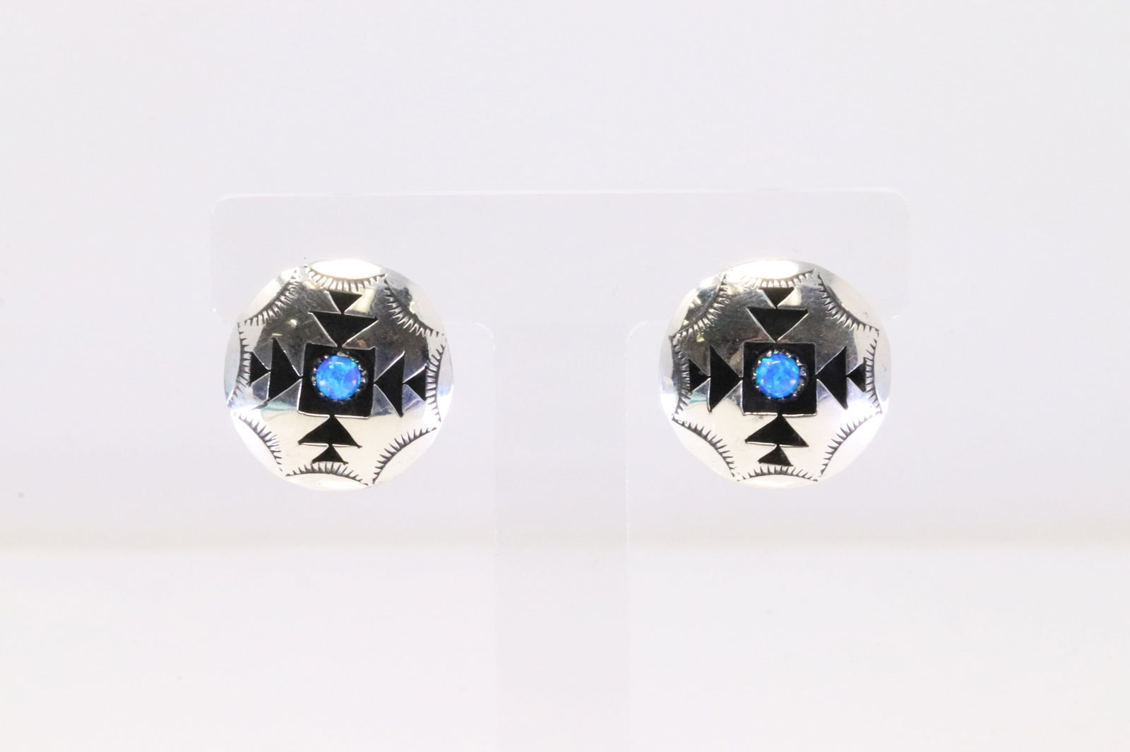 Native America Navajo Sterling Silver Synthetic Blue Opal Post Earring's By P. (1 of 4)