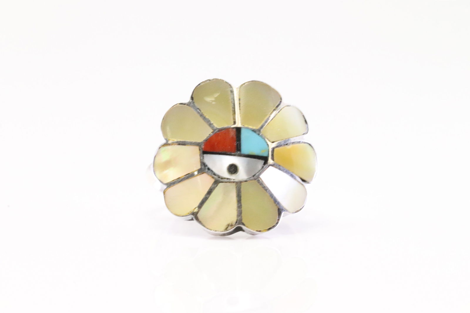 Native America Zuni Sterling Silver Multi-Color Stone Inlay Sunface Ring By B.Soseean. (1 of 4)