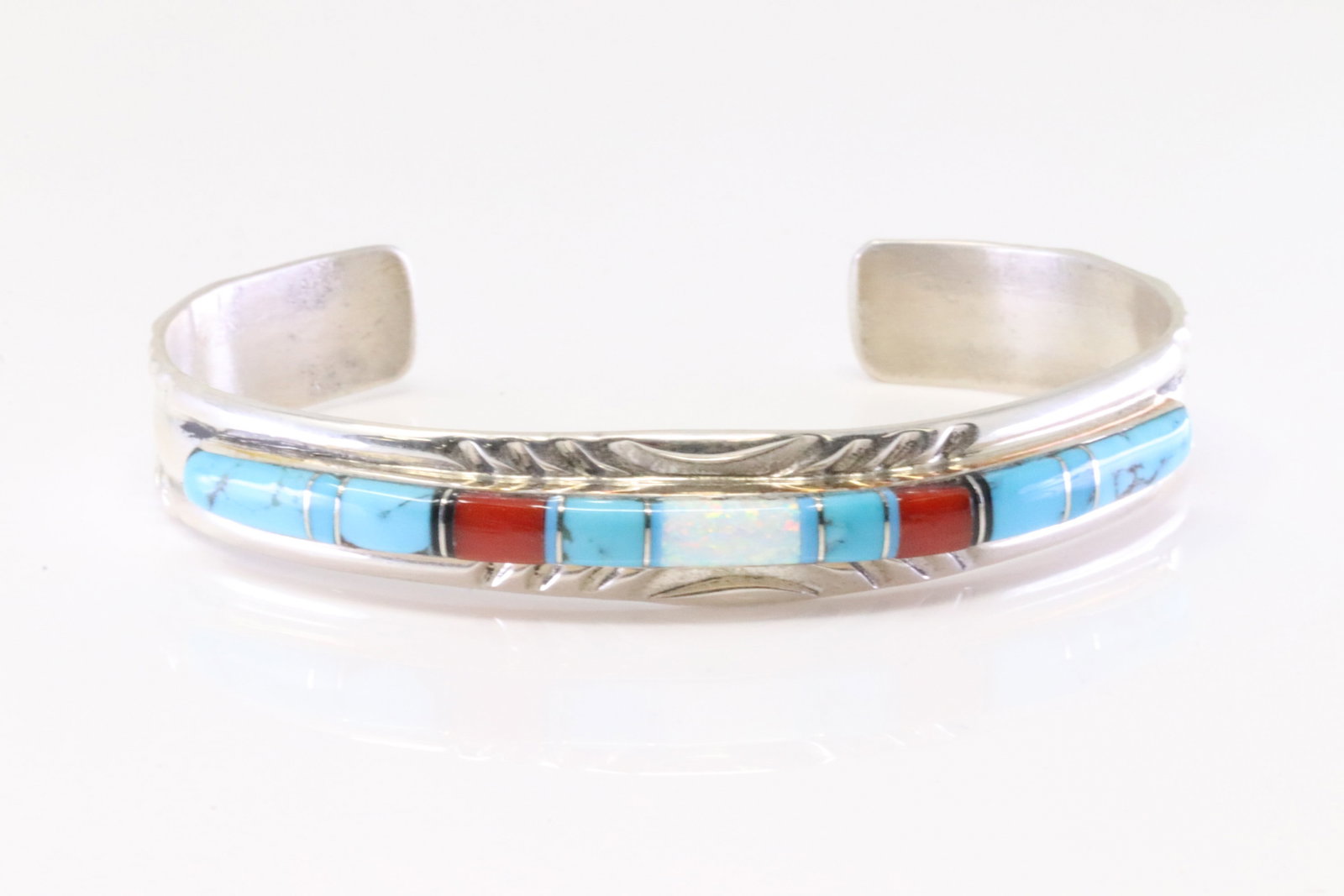 Native America Navajo Sterling Silver Multi-Color Stone Inlay Bracelet By Mary Lincoln.: This is a Native America Navajo Sterling Silver Multi-Color Stone Inlay Bracelet By Mary Lincoln.