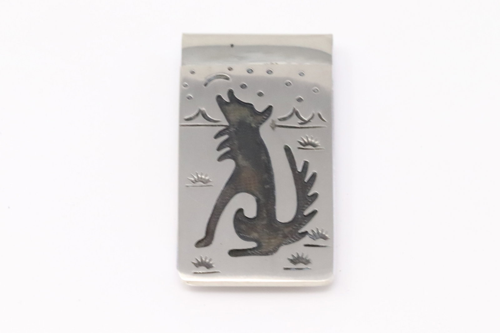 Native America Navajo Not Sterling Silver Coyote Money Clip By B.: This is a Native America Navajo Not Sterling Silver Coyote Money Clip By B.