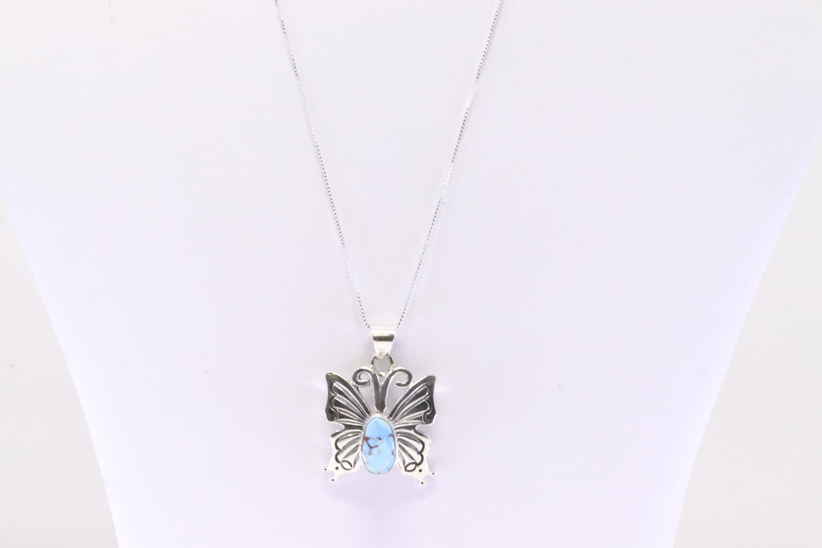 Native America Navajo Sterling Silver Butterfly Turquoise Pendant J.D. with A 925 Necklace.: This is a Native America Navajo Sterling Silver Butterfly Turquoise Pendant J.D. with A 925 Necklace. Necklace length: 18.00"
