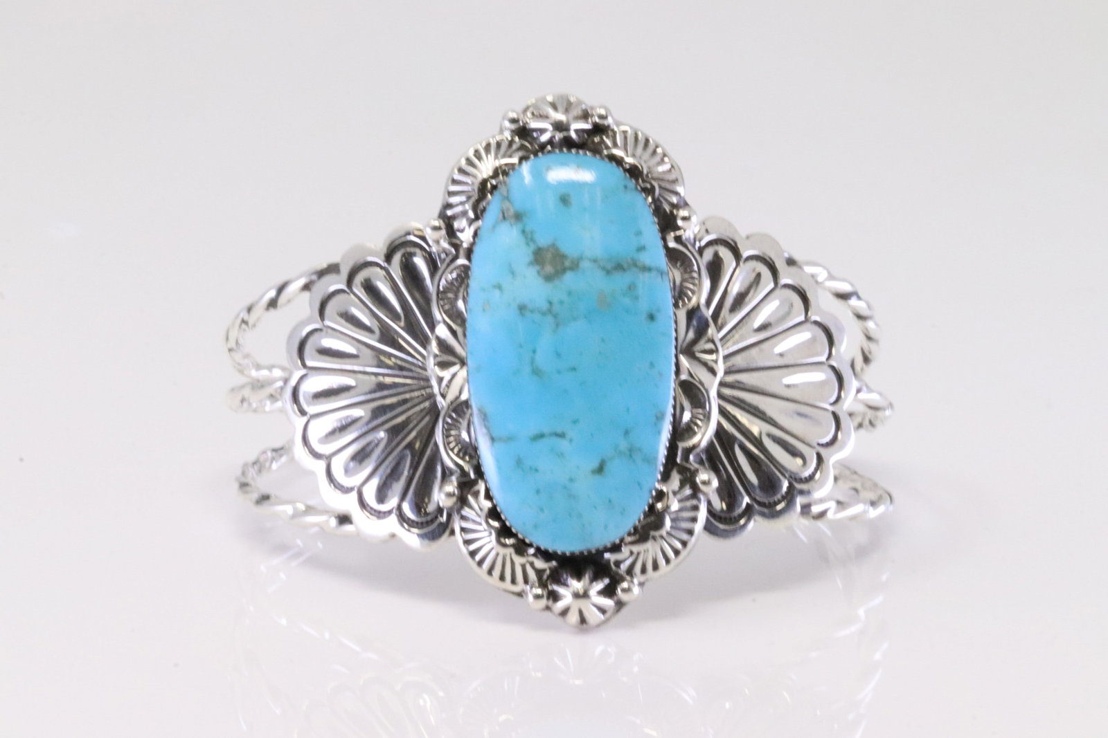 Native American Navajo Sterling Silver Turquoise Bracelet Cuff By Gilbert Smith.: This is a Native American Navajo Sterling Silver Turquoise Bracelet Cuff By Gilbert Smith.