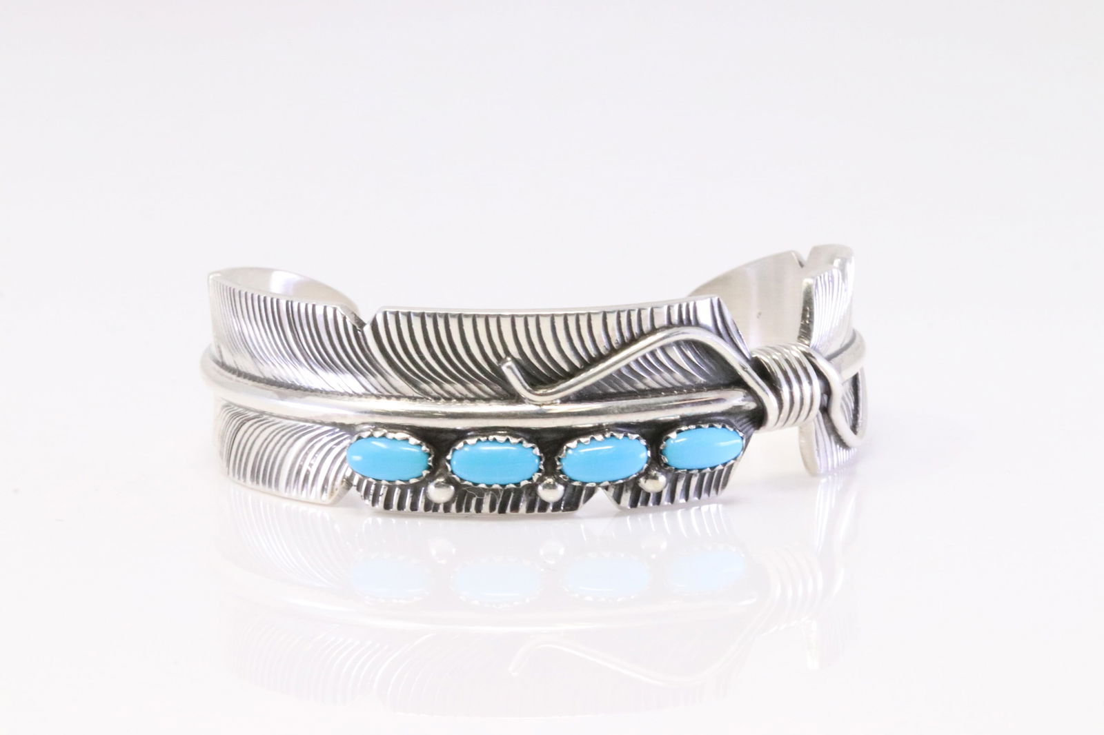 Native America Navajo Sterling Silver Turquoise Feather Bracelet By Chris Charley. (1 of 4)