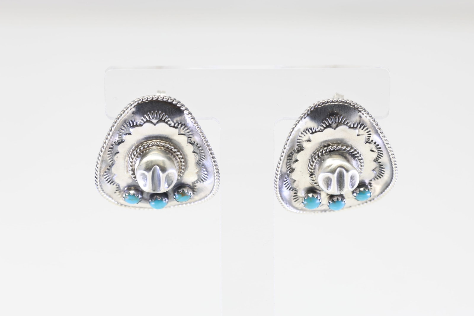 Native America Navajo Sterling Silver Turquoise Cowboy Hat Post Earring's By Bobby Platero.: This is a Native America Navajo Sterling Silver Turquoise Cowboy Hat Post Earring's By Bobby Platero.