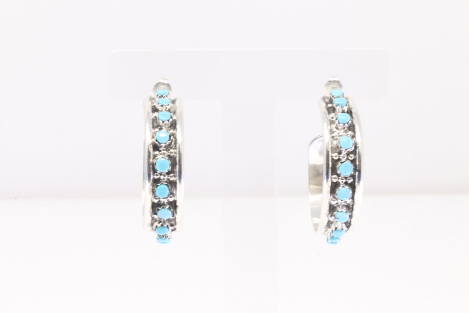 Native American Zuni Sterling Silver Turquoise Hoop Earring's By Joan Cheama.: This is a Native American Zuni Sterling Silver Turquoise Hoop Earring's By Joan Cheama.