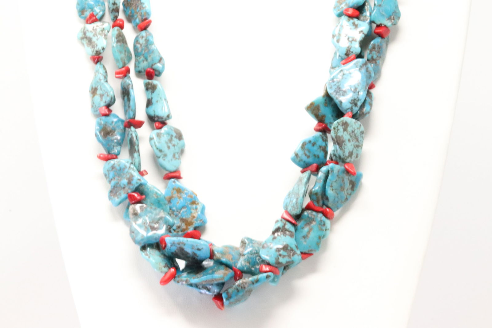 Native American Navajo Sterling Silver 3 Strand Coral / Turquoise Necklace. (1 of 3)