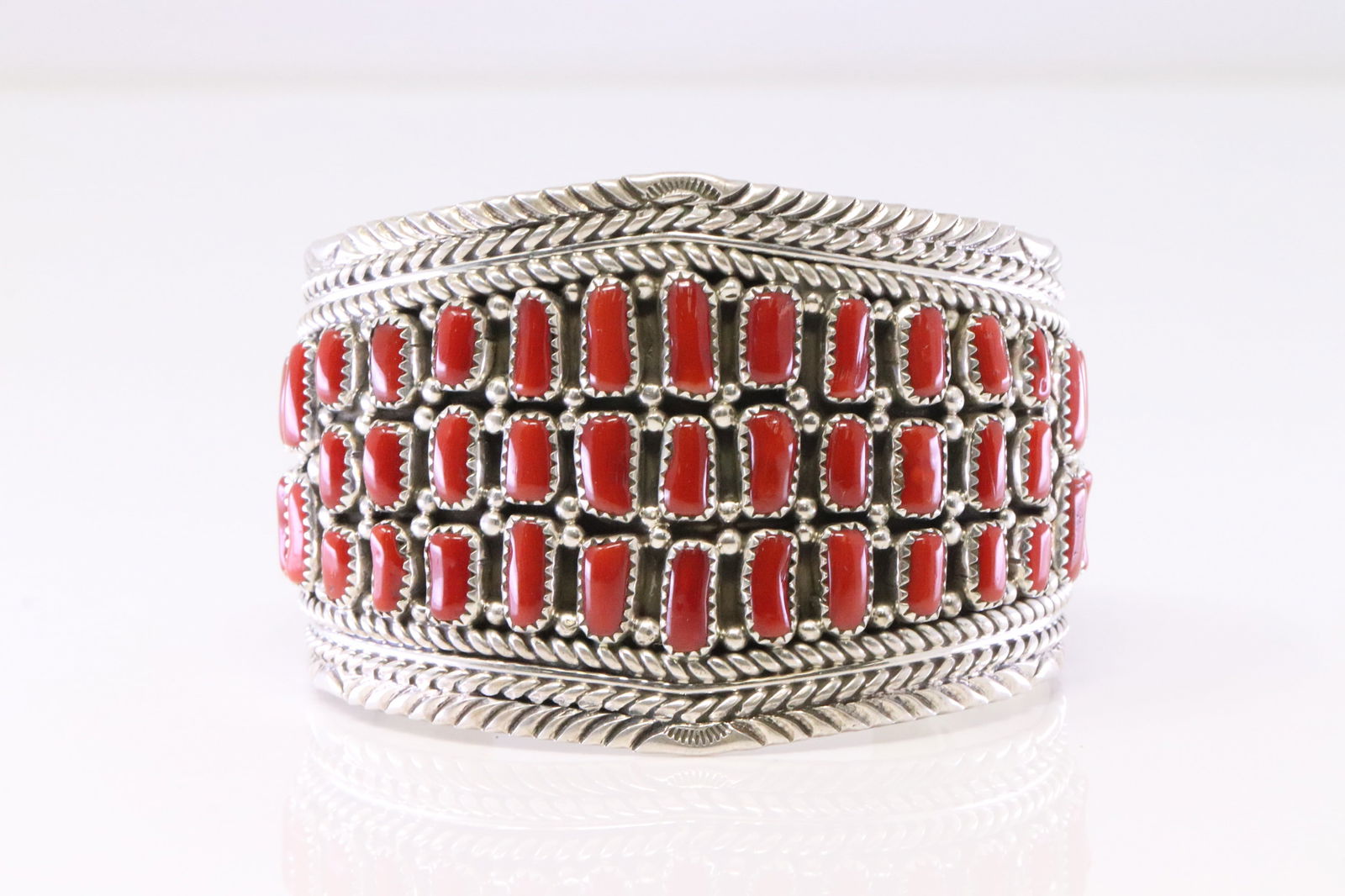 Native America Navajo Sterling Silver Coral Bracelet Cuff By M.H. (1 of 4)
