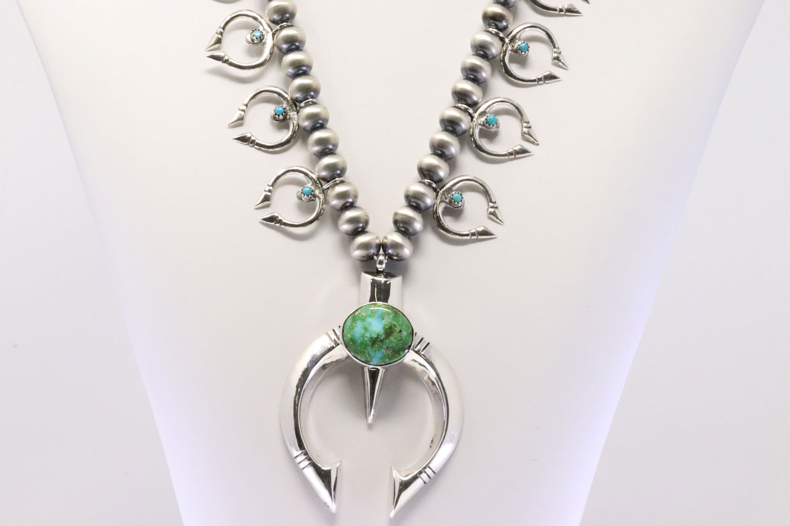 Native America Navajo Sterling Silver Sonora Gold Turquoise Squash Blossom Necklace By Eddie Chaco. (1 of 5)