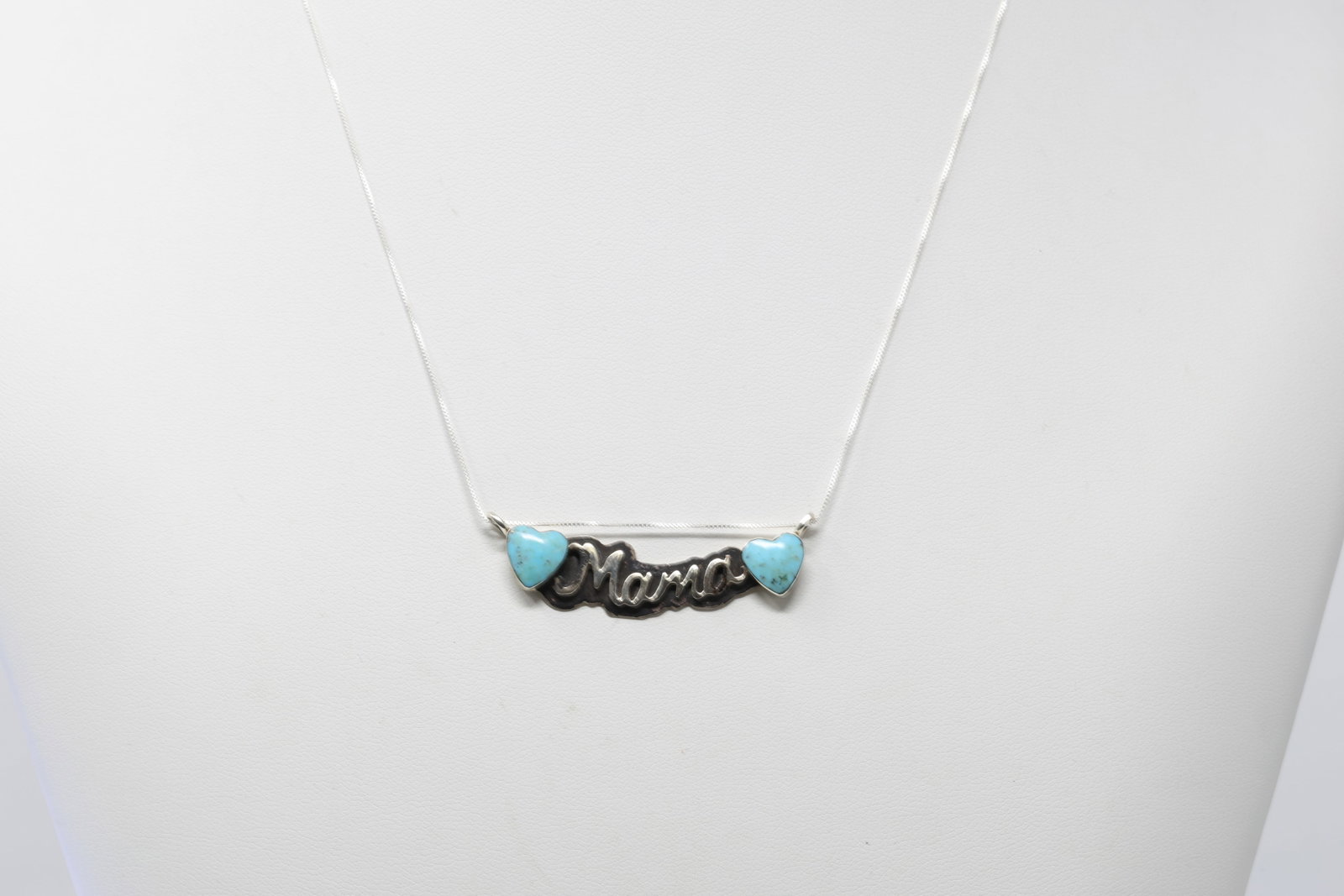 Native America Navajo Sterling Silver Turquoise Heart / Mama Design with A 925 Necklace By Myra: This is a Native America Navajo Sterling Silver Turquoise Heart / Mama Design with A 925 Necklace By Myra Benally. Necklace length: 16.00"